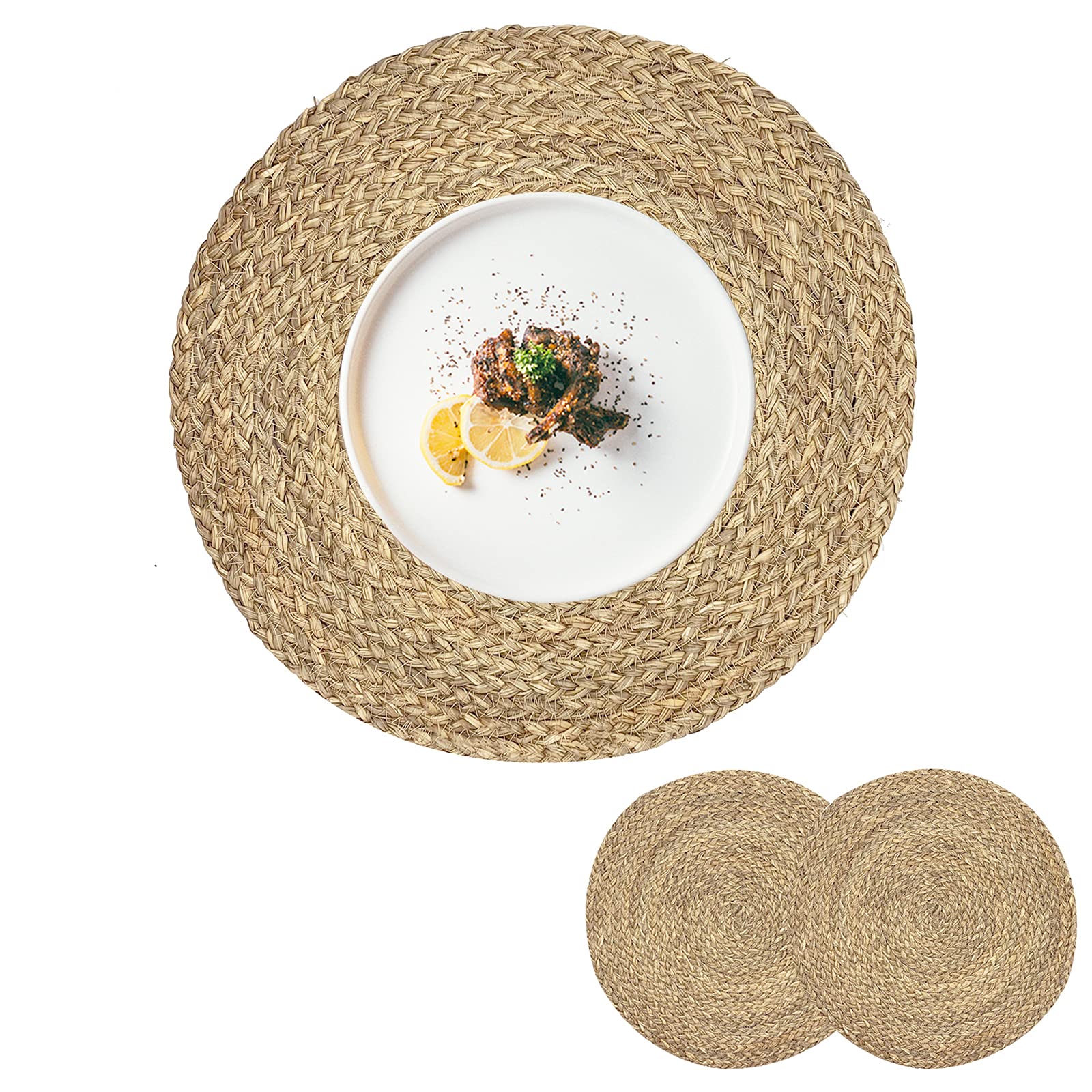 Woven Placemats for Dining Table Set of 2, 100% Natural Straw, Rustic Round Placemats Farmhouse Table Mats Rattan Wicker Placemats Hand Braided Place Mats for Indoor Outdoor, 14.17“