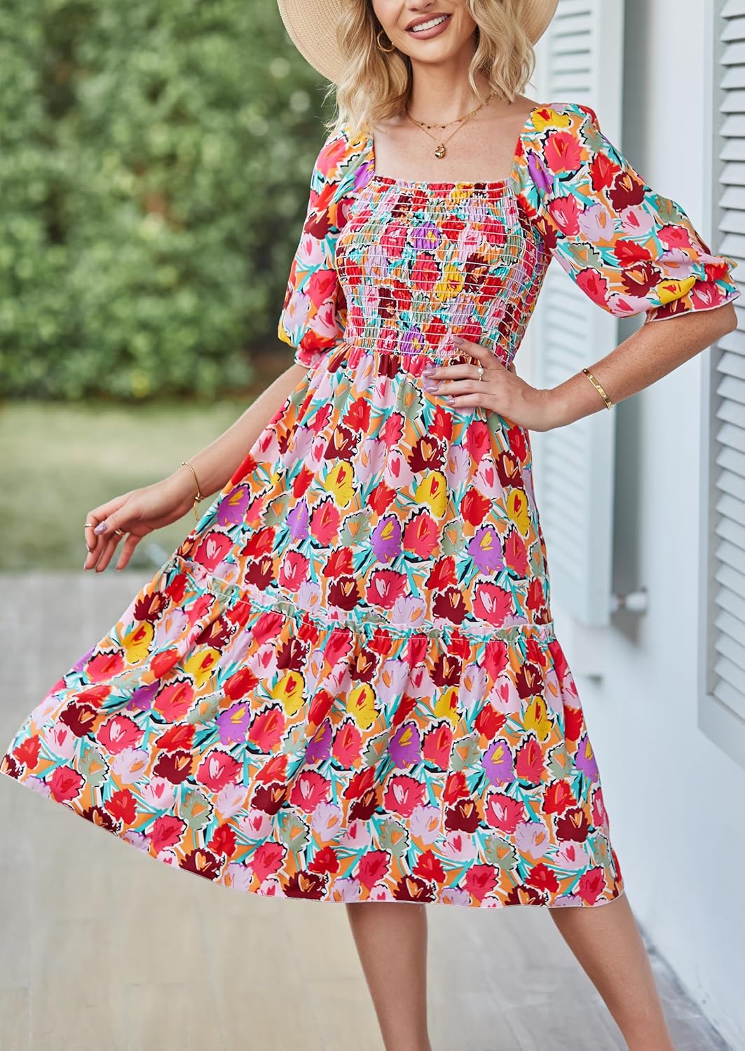 PRETTYGARDEN Women's Summer Casual Dresses 2026 Spring Puff Sleeve Square Neck A Line Flowy Boho Floral Smocked Midi Dress - Image 2