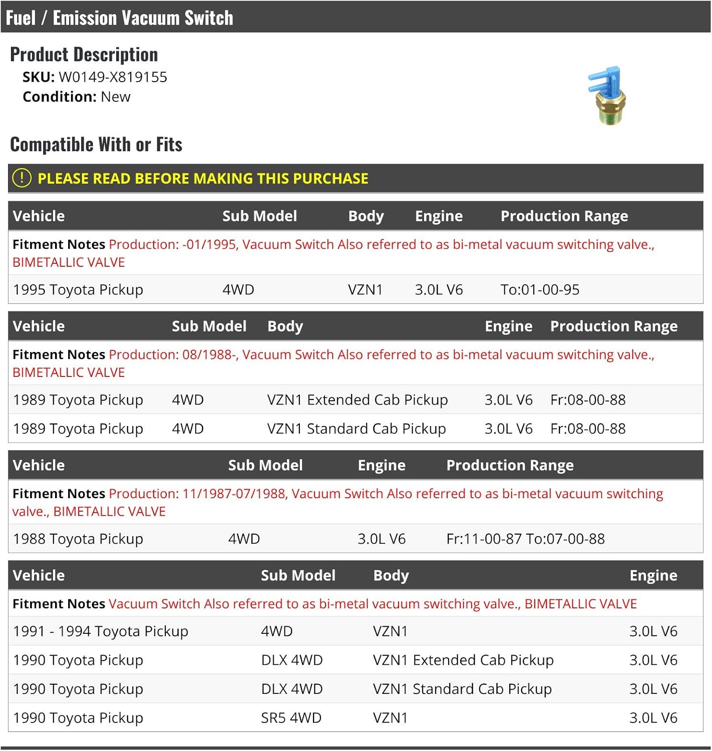 Marketplace Auto Parts Fuel/Emission Vacuum Switch (Bi-Metal Vacuum Switching Valve, Bimetallic Valve)- Compatible with 1988-1995 Toyota Pickup 3.0L V6