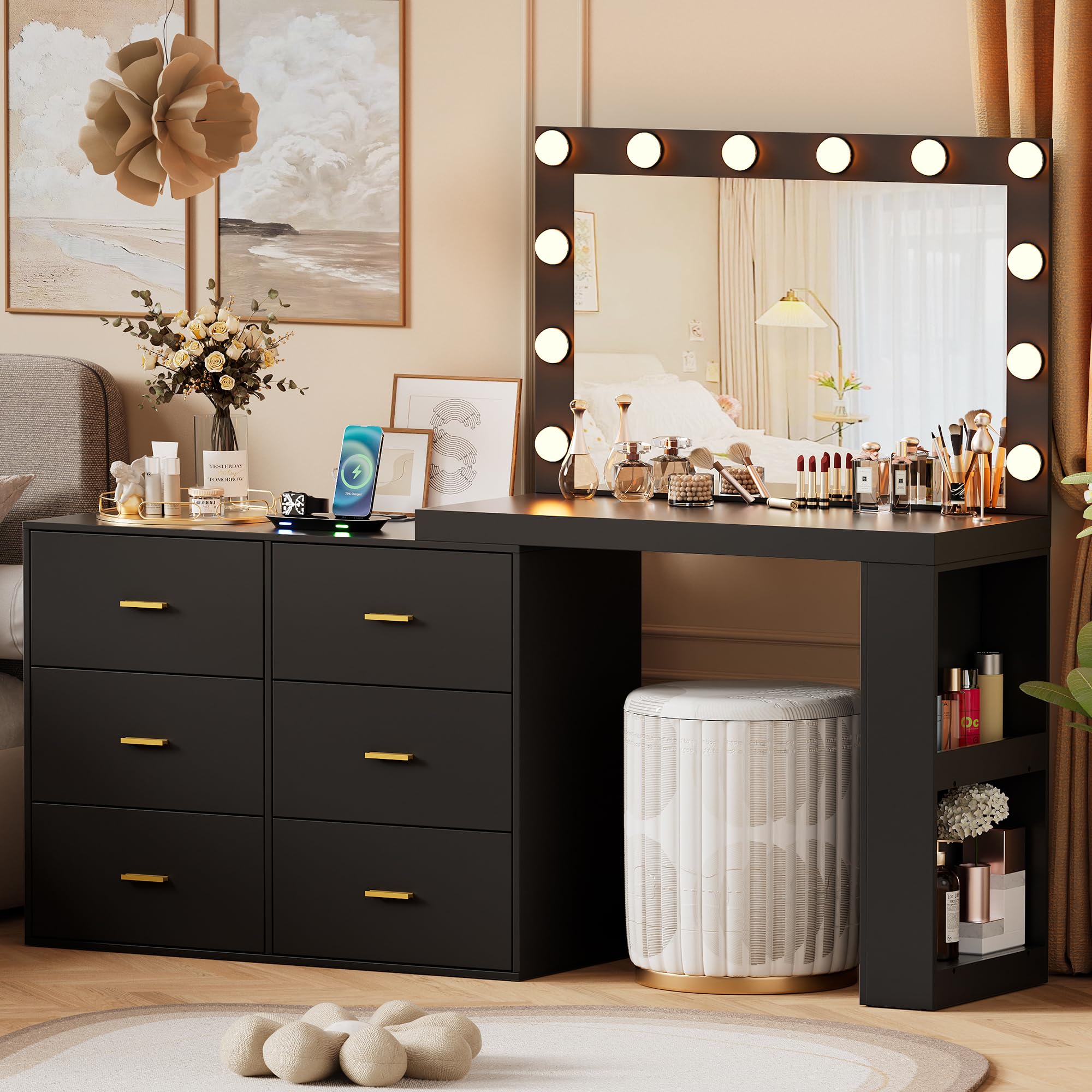 PAKASEPT Vanity with Dresser,Makeup Vanity Desk with Mirror and 3-Color Lights,Dressing Table with Drawers,Charging Station,Side 2 Storage Shelves for Bedroom,Black