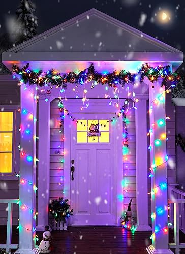 Miniatura 5 de Paquete de 2 tiras de luces de copo de nieve para exteriores, 50 LED de 26 pies, luces de Navidad multicolor con pilas, 8 modos de iluminación,