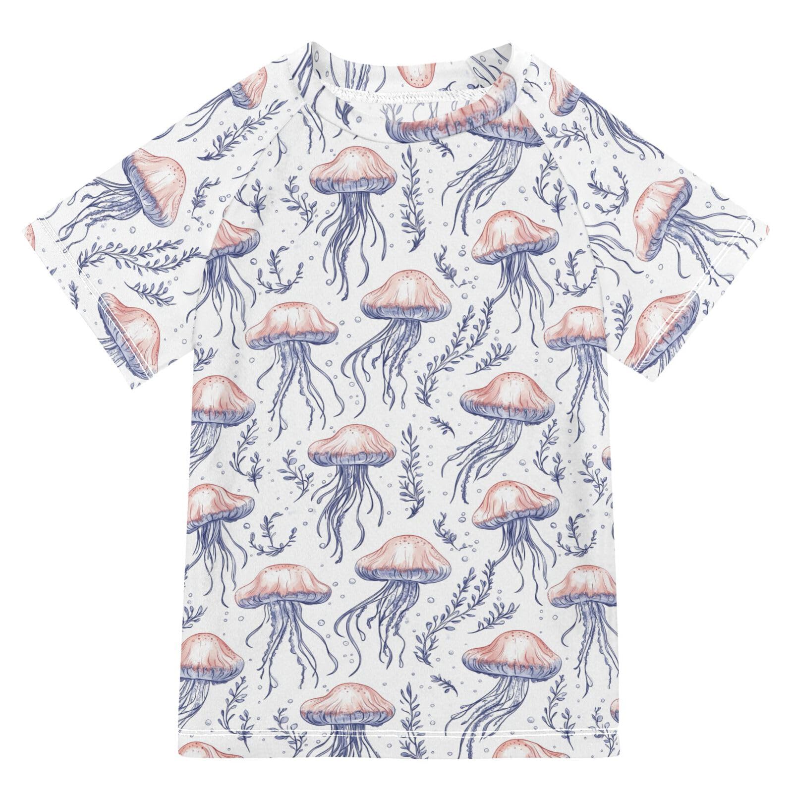 Kids Bathing Suit Short Sleeve Girls Swimsuit 7T Cute Jellyfish White