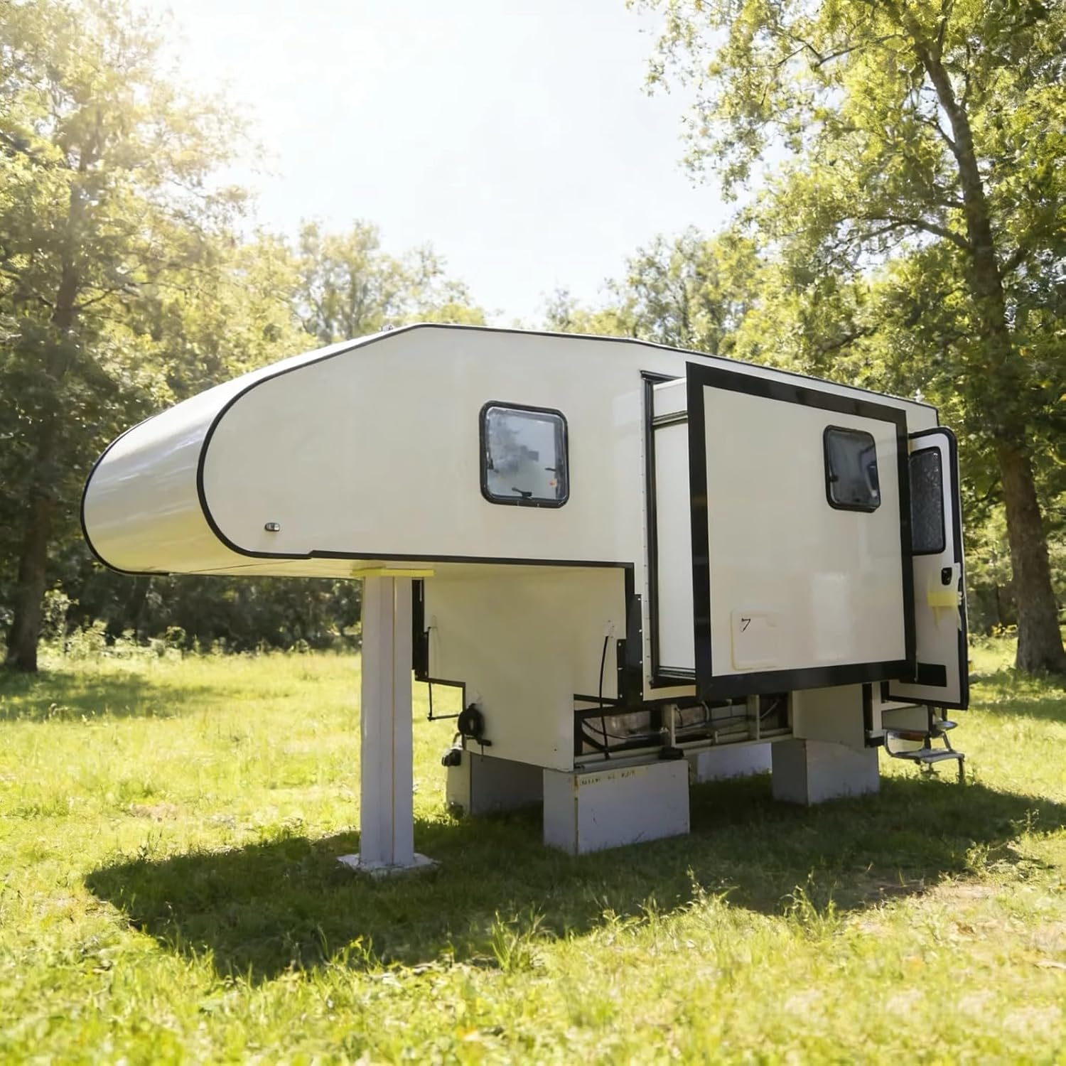 Overland Pop Up Truck Bed Camper Hard Shell, Customizable Camping Cabin with Bed Platform, Built in Kitchen, Shower System and Solar Panels