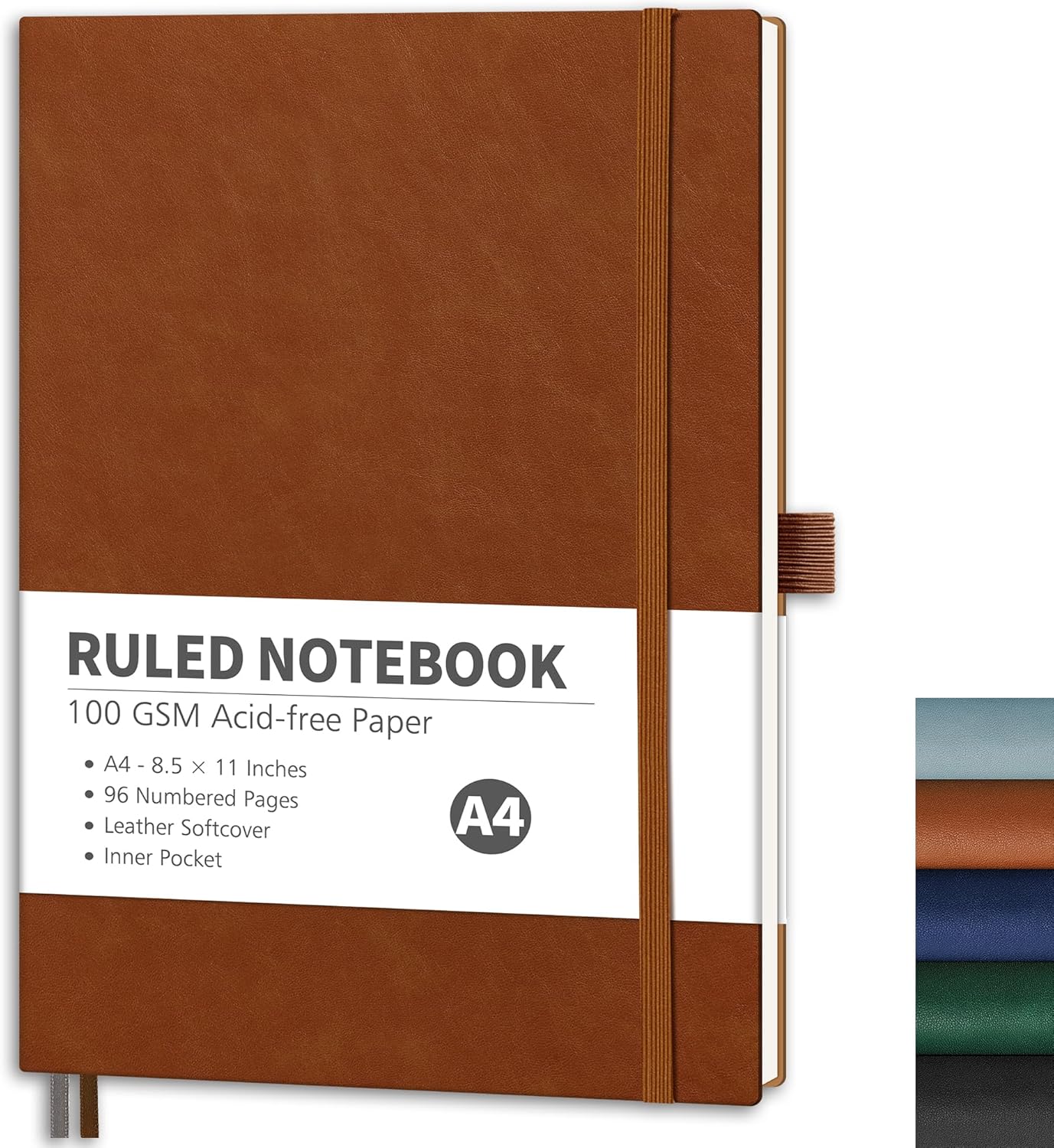 RETTACY A4 Leather Softcover Lined Journal Notebook - 96 Numbered Pages, 100GSM Thick Acid-Free Paper, Brown for Journaling & Office