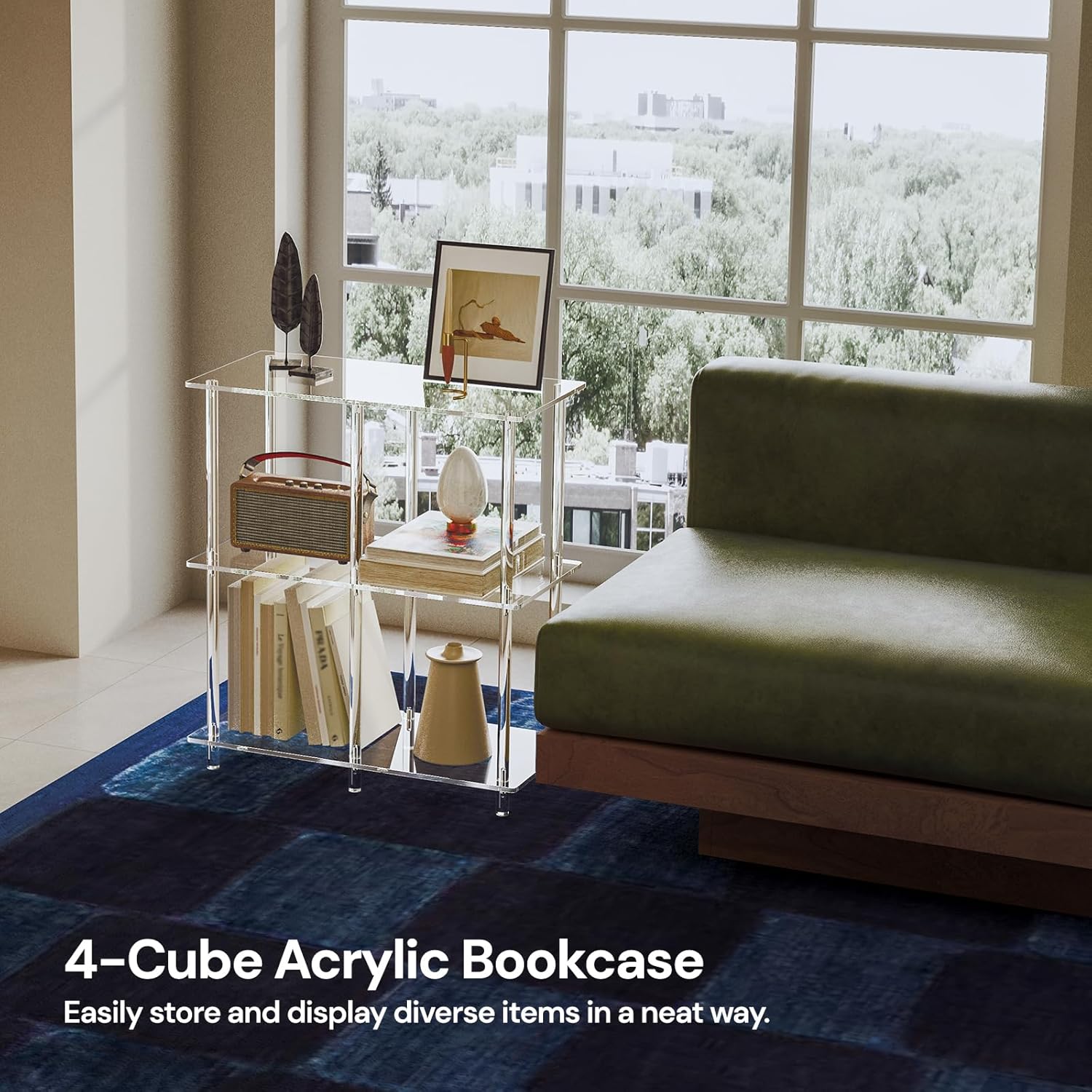 Acrylic 4-Cube Bookshelf, 11.6" D x 23.6" W x 26.5" H, 3-Tier Clear Low Bookcase for Small Spaces, Open Display Book Shelf for Home Office, Living Room, Bedroom, Modern, Easy Assembly