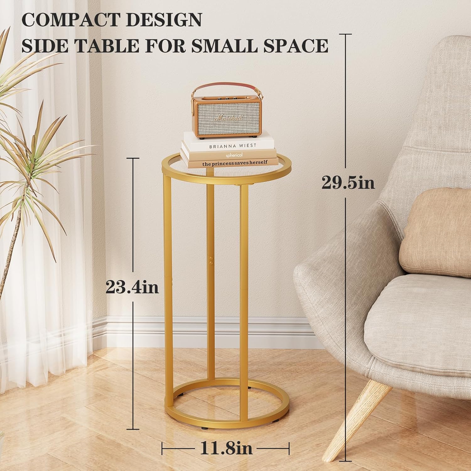 Easy Paws C Table Side End Table,Glass Couch Side Tables for Living Room, Round Sofa End Table with Metal Frame, Small Snack Table for Bedroom, Small Spaces, Easy Assembly (Gold,2pcs)