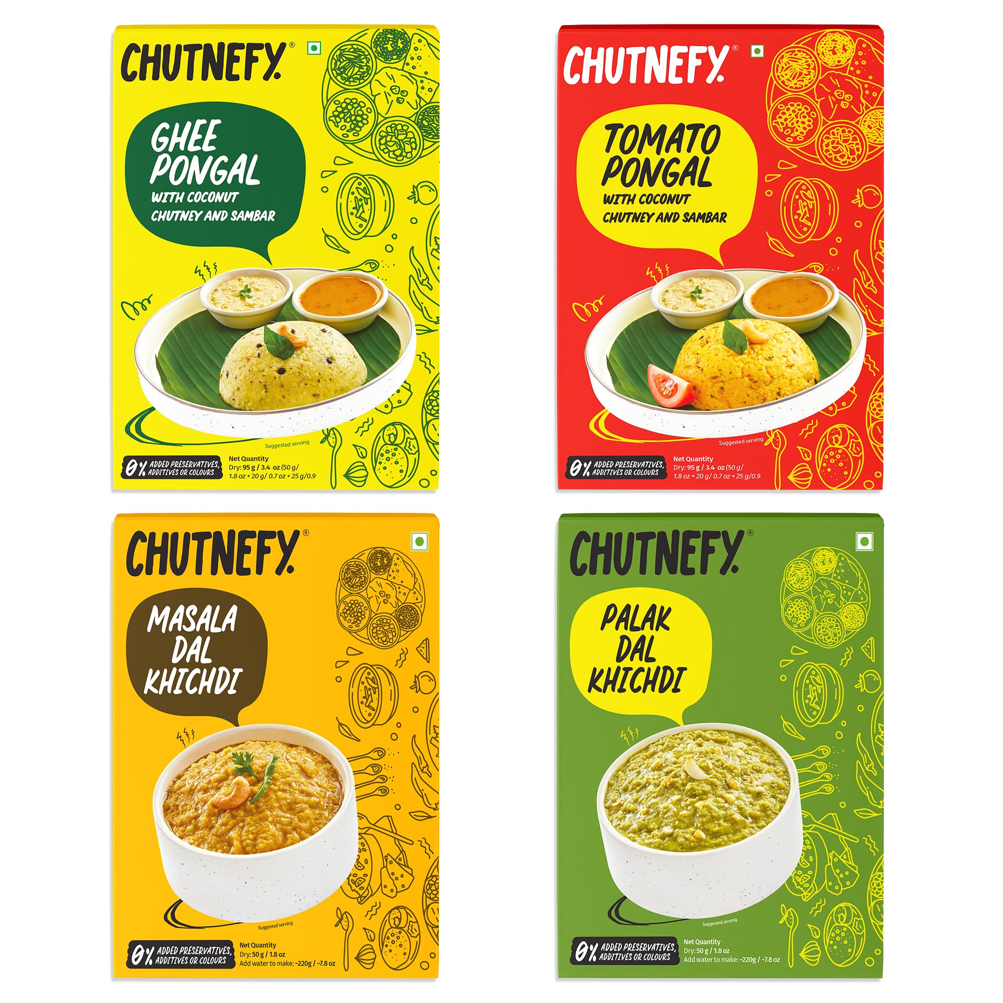 Chutnefy Soulful India Hearty Mains Box | Pack of 4*50gms (Dry) | Add Boiling Hot Water to make 170ml | 1-2 Servings Each | Authentic Indian Comfort Meals | Instant Ghee Pongal, Tomato Pongal, Palak Dal Khichdi, Masala Dal Khichdi | 100% Natural, No Preservatives