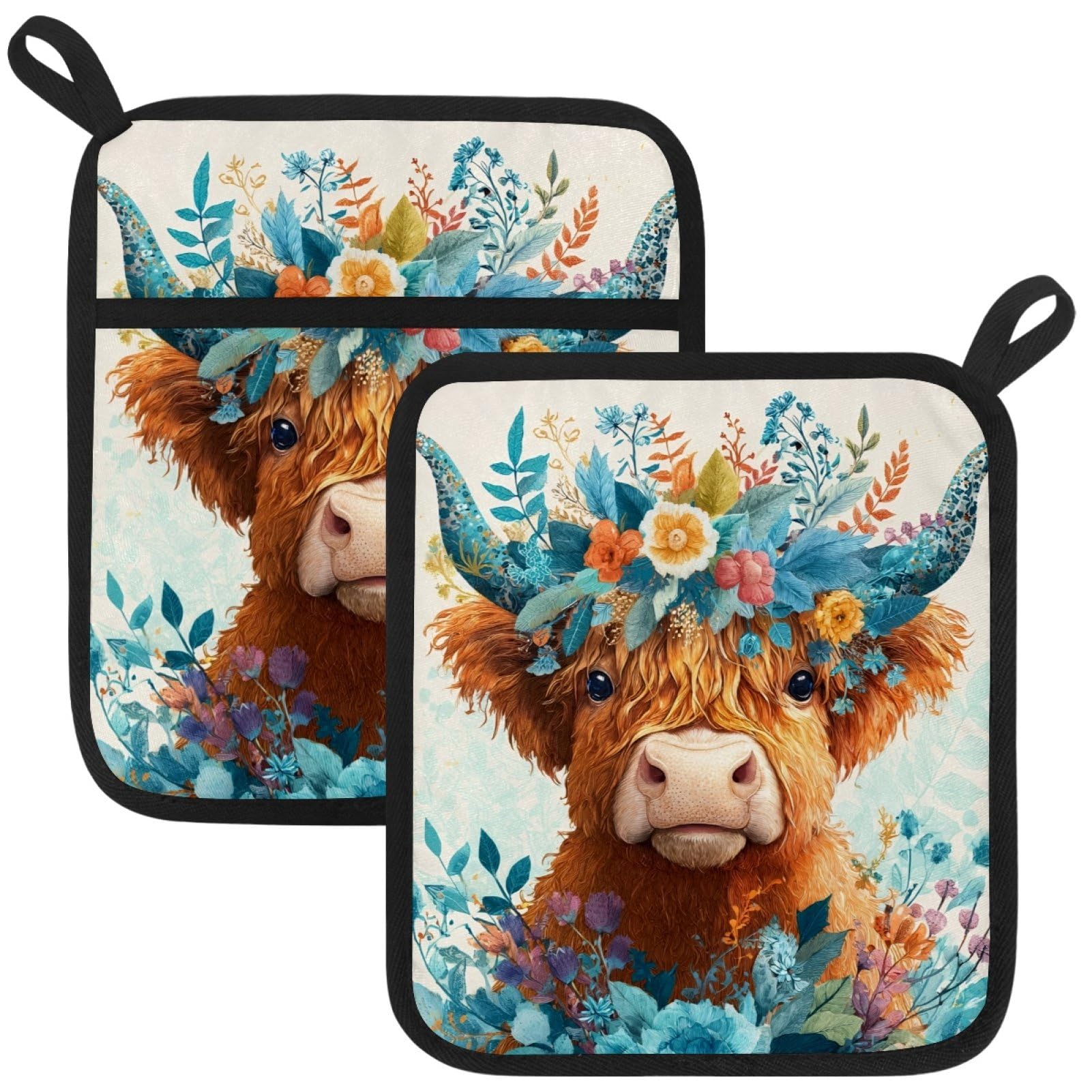 VAPOKF Highland Cattle Heat Resistant Pot Holders, Thick Pot Holders Pad with Hanging Loop for Kitchen, Oven Cloth Pads for Kitchen Baking Microwave Oven