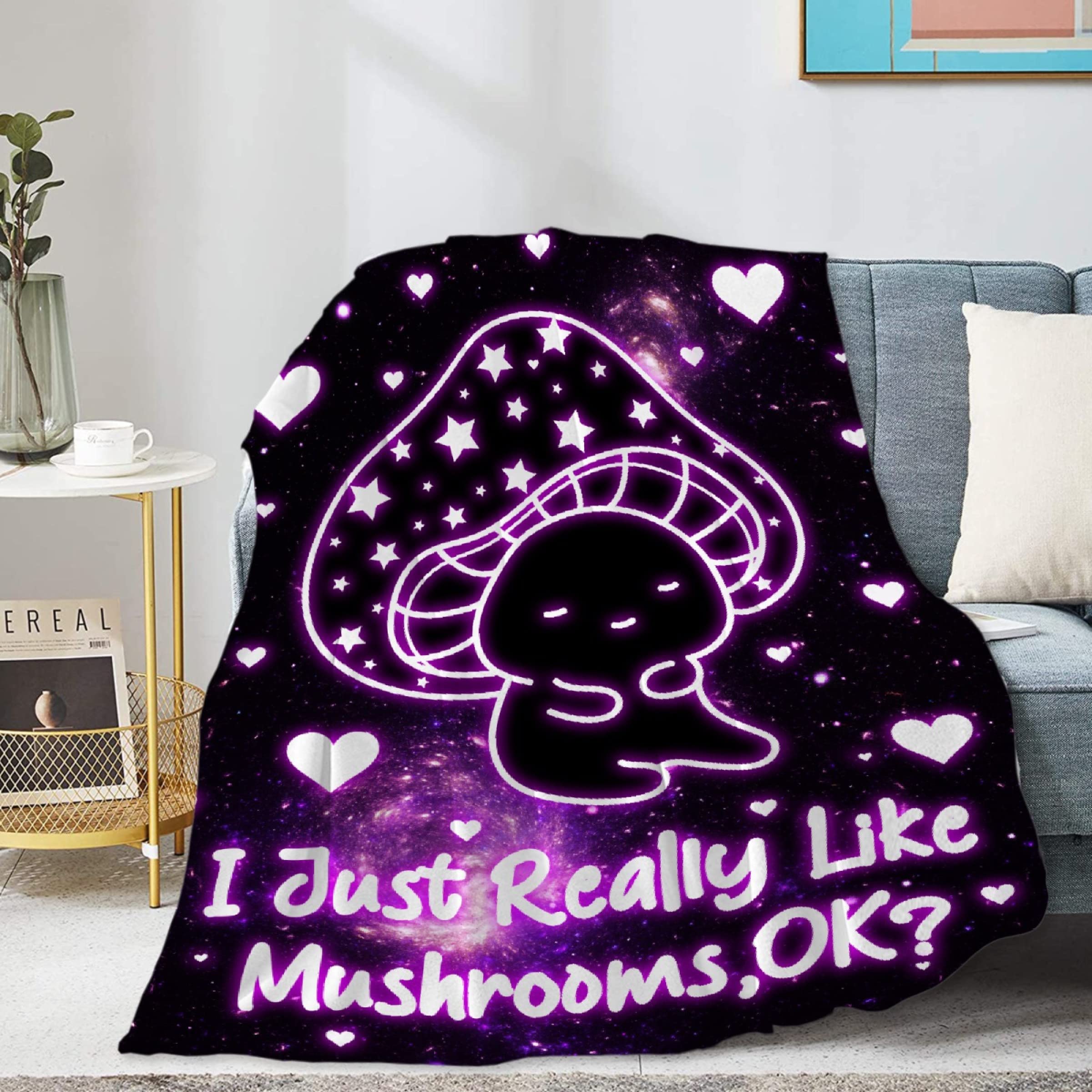 Homiehug I Just Really Like Mushrooms Soft Blanket Funny Cute Flannel Plush Gifts Cozy Fuzzy Throws for Nap Bedding Sheet Couch Animal Decor Tapestries Child Non-Shedding 30