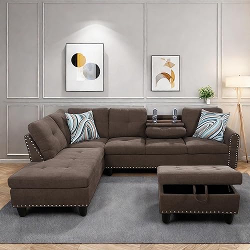Convertible L Shaped Sectional Couch, Modular Sectional Sofa with Storage Ottoman, Nail-Head Design Lounge Sofa with Cup Holder for Living Room, Office, Brown