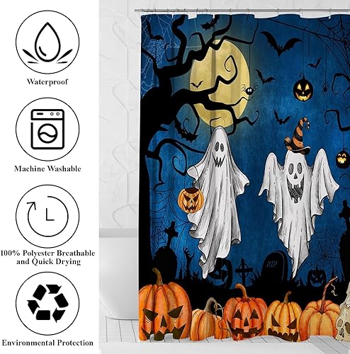 Miniatura 7 de Mocsicka Juego de 4 cortinas de ducha de Halloween para baño, juego de baño de cementerio espeluznante fantasma aterrador con alfombras