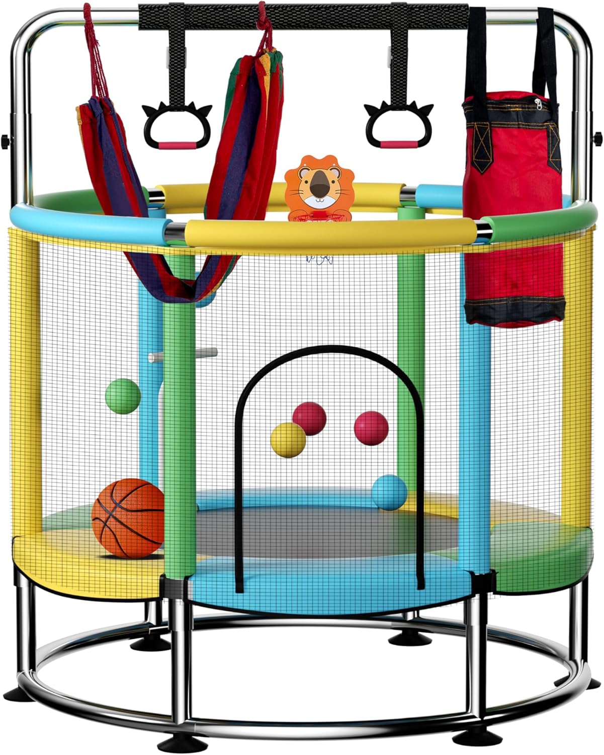 55 Trampoline for Kids,Up to 440 Ibs Mini Trampoline with Anti-Rollover Round Bottom,Indoor & Outdoor Toddler Trampoline with Safety Enclosure,Adjustable Gymnastics Bars,Basketball Hoop