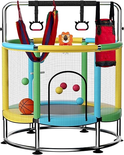 towigic 55" Trampoline for Kids,Up to 440 Ibs Toddler Trampoline with Anti-Rollover Round Bottom,Indoor & Outdoor Mini Trampoline with Safety Enclosure, Adjustable Gymnastics Bars,Basketball Hoop