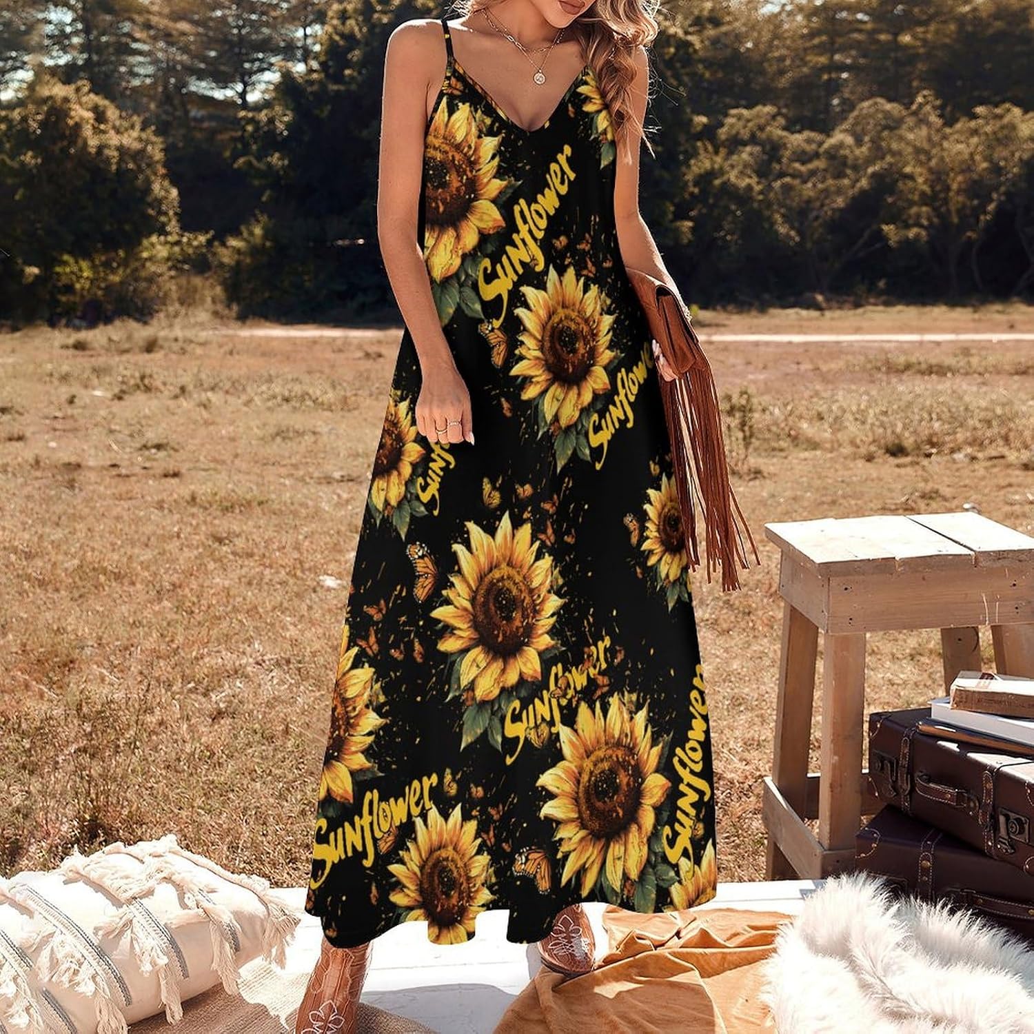 Sunflower Butterfly Maxi Dresses for Women V Neck Long Dress Sundress Spaghetti Straps Beach Dress