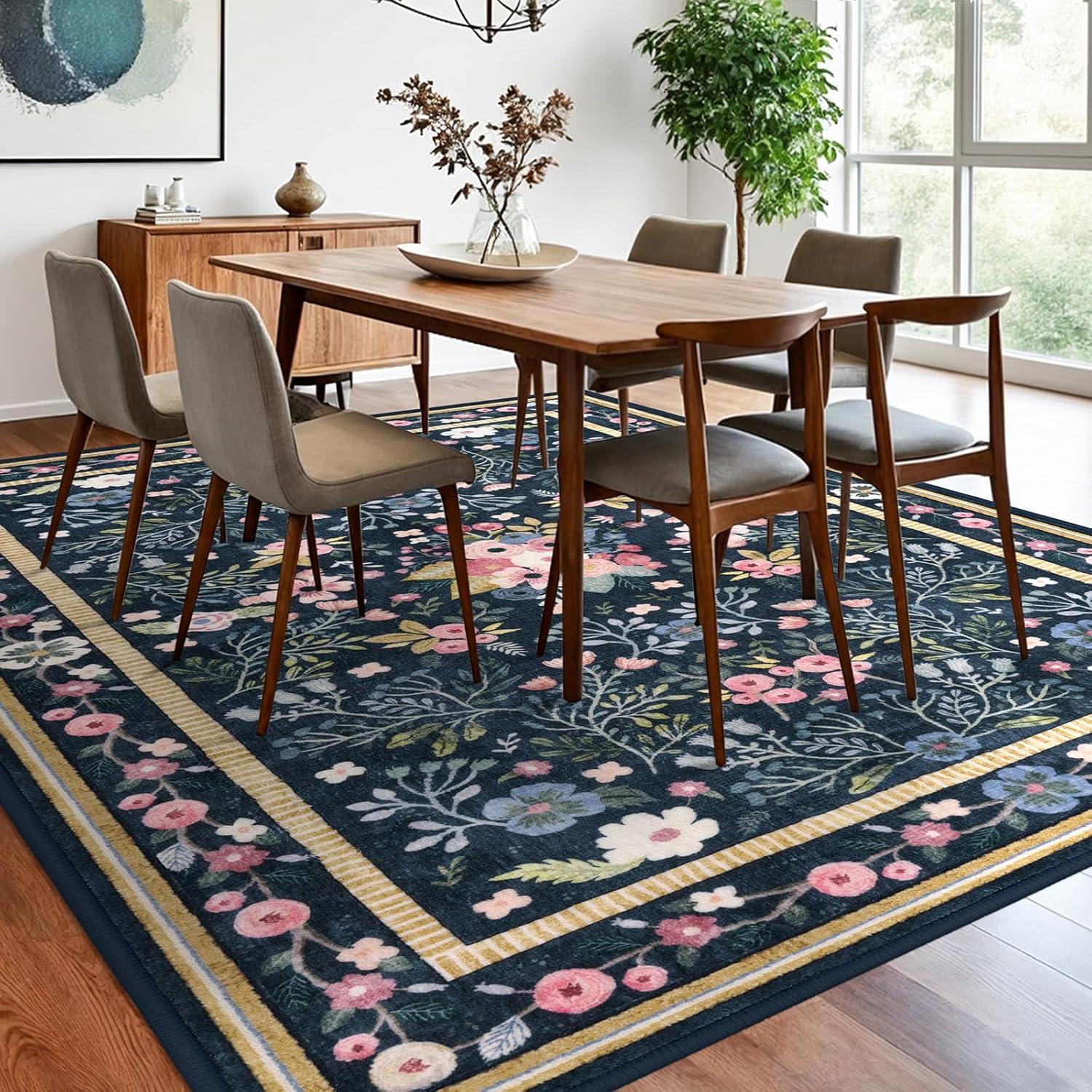 Area Rugs for Living Room 8x10, Washable Non-Slip Thin Floral Vintage Boho Rug for Bedroom Dining Room Office, Nursery Rug Indoor Lightweight Carpet, Blue/Multi