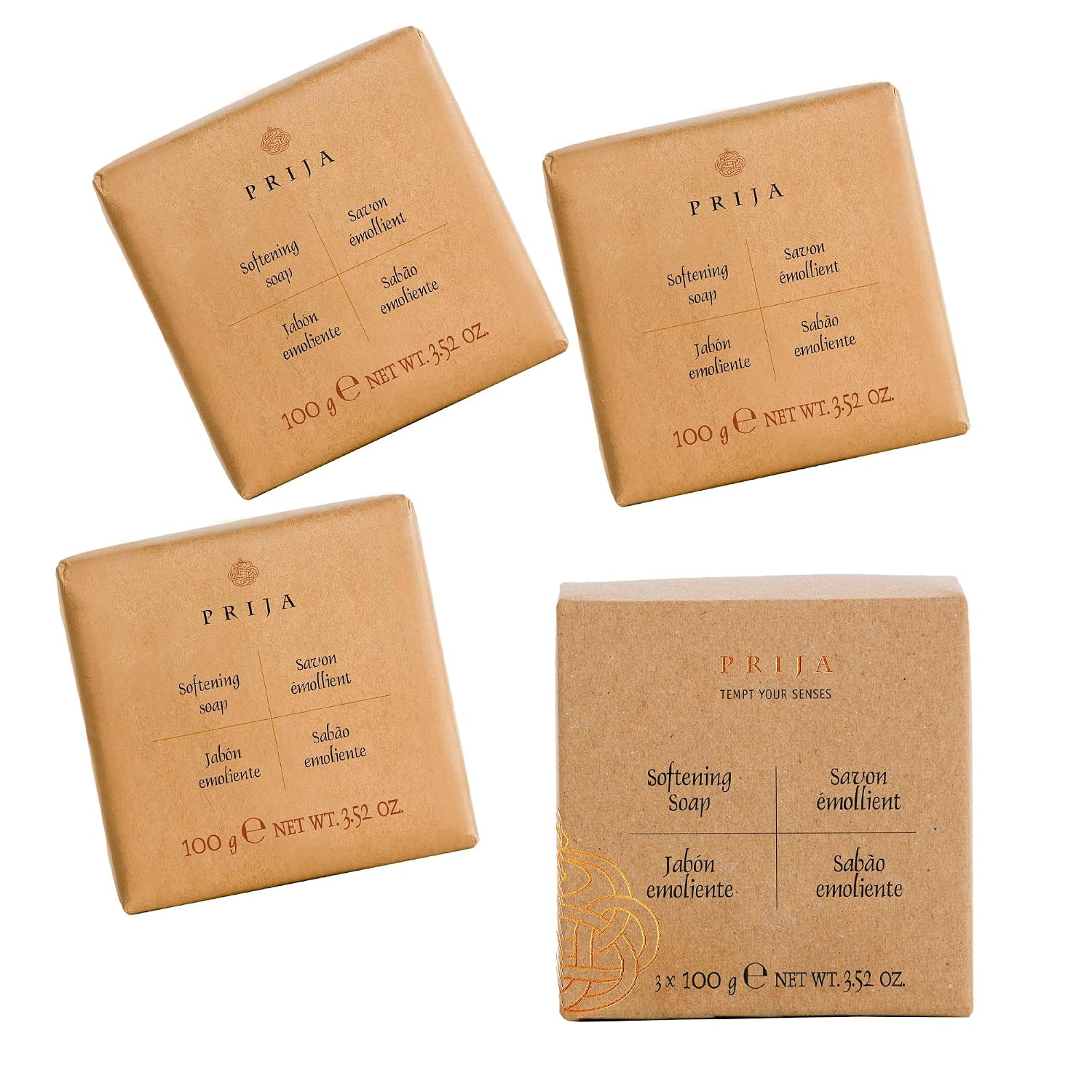 Prija Softening Soap Gift Pack Enriched with Vegetable Glycerin (3 Pack x 3.52 oz) - Maintain and Restore Skin Hydration - Vegan Friendly - Dermatologically Tested - 100% Recycled Paper