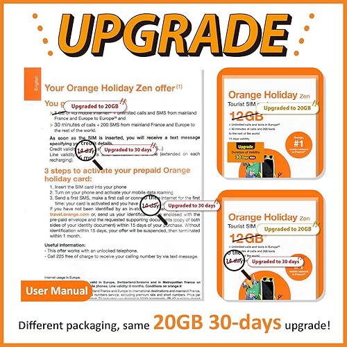 Miniatura 3 de Orange Holiday Europe Prepaid Sim 12GB Internet Data 30 días de uso Se permite la conexión de datos 30 minutos y 200 SMS de Europa a cualquier