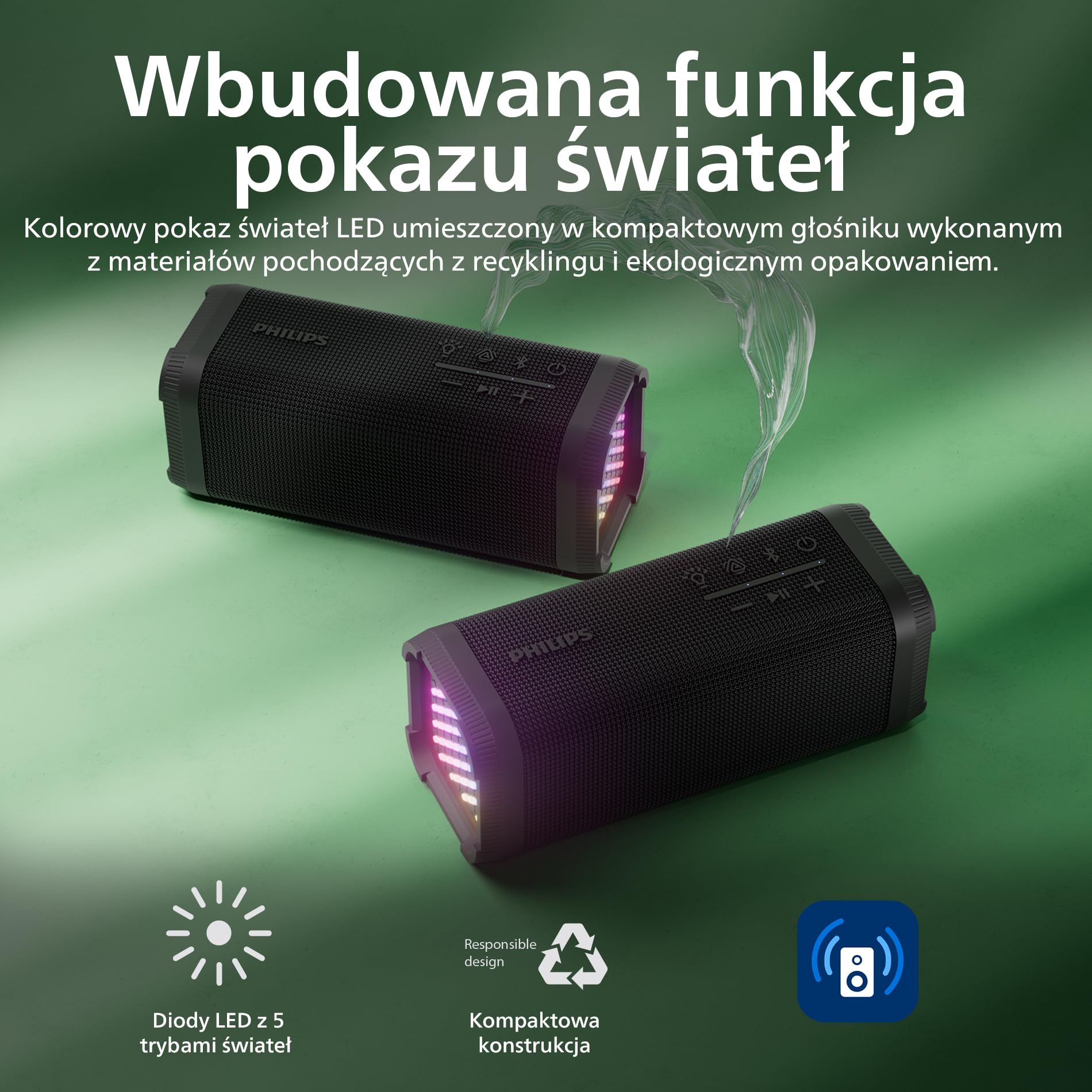 Philips TAS2000B Bezprzewodowy głośnik Bluetooth z zestawem świateł LED, bass + 20 W, Auracast, 20 godzin autonomii, wskaźnik IPX5, mikrofon, sterowanie z aplikacji - czarny