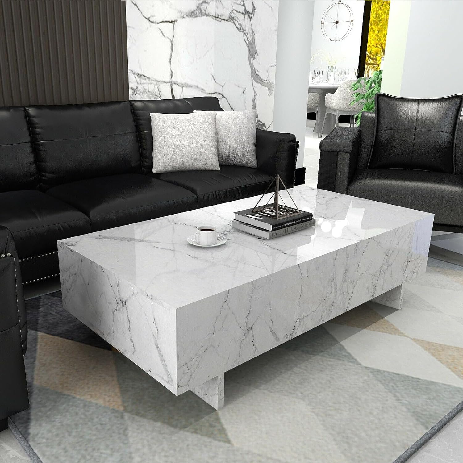COSVALVE Marble White Cool Coffee Tables for Living Room,Rectangular Gloss Nature Desk,Square Smart and Contemporary Mid Century Coffee Table for Living Room Furniture,Waiting Area,41"x20"x14",White