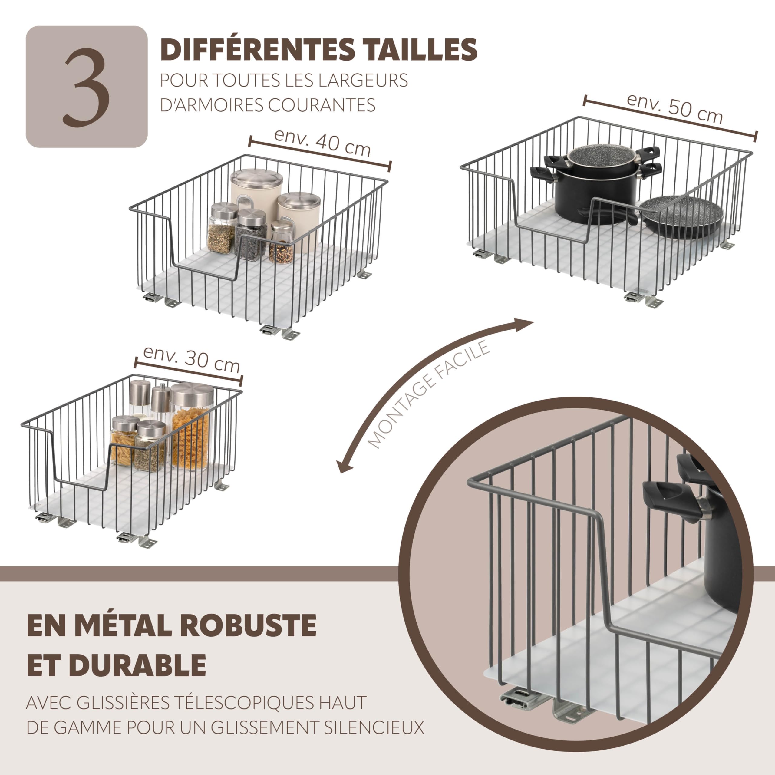 bremermann Panier Coulissant pour Armoire, Largeur 30 cm, avec Tablette, Rails télescopiques, Panier Coulissant idéal pour la Cuisine et la Salle de Bain, en métal (Gris)