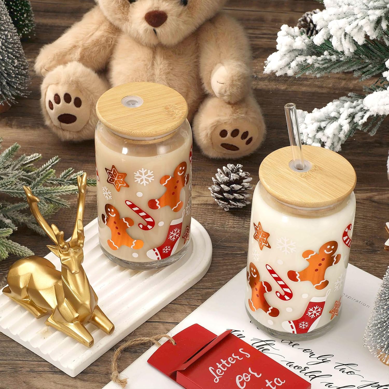 Whaline 2Pcs Christmas Drinking Glasses Gold Foil Gingerbread Man Iced Coffee Cup 16oz Xmas Glass Cup with Lids and Straw for Cocktails Whiskey Beer Soda Gifts - Image 3