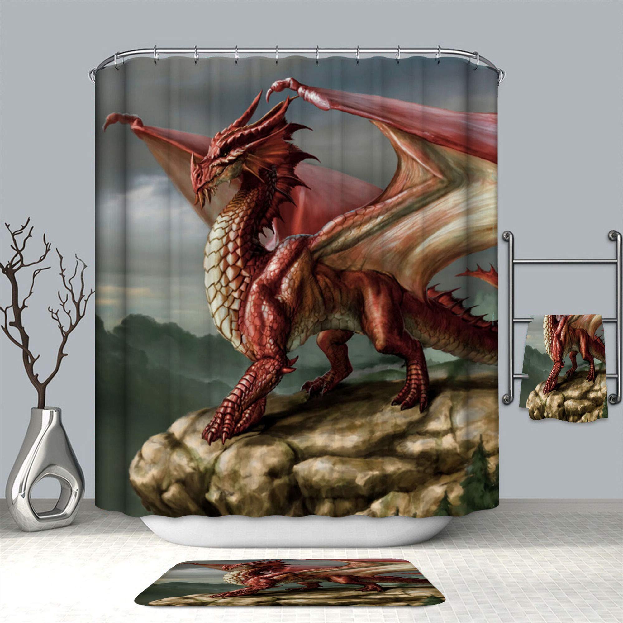 Chickwin Dragon Shower Curtains Mould Proof Waterproof Washable Curtains with 12 Hooks Creative 3D Printed Dry Quickly Polyester Shower Liner Bathroom Decor (Red dragon,180x180cm)