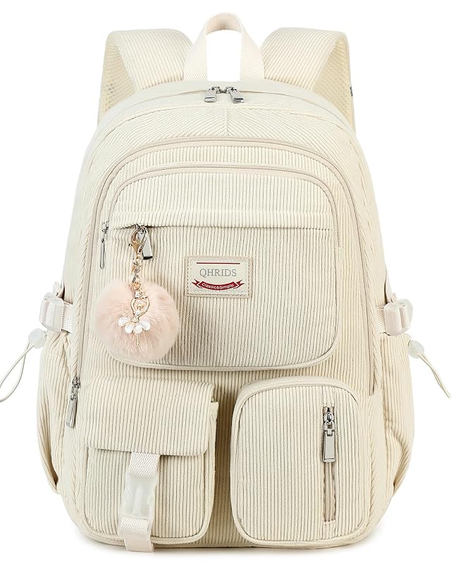 QHRIDS Backpack for Girls Big Student Corduroy Laptop Backpack for College Kids Elementary Middle High School Bag Anti