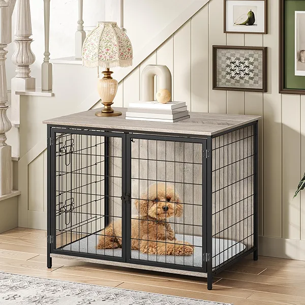 MAHANCRIS Dog Crate Furniture with Cushion, Wooden Dog Kennel with Double Doors, Heavy Duty Dog Cage for Small/Medium/Large Dogs, Indoor Dog House End Table, 31.5" L, Greige DCHG0701