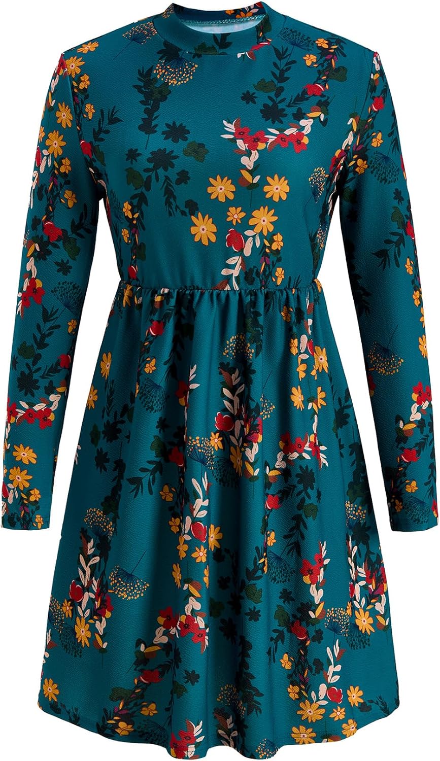 Women's Floral Long Sleeve Dress Vintage Mock Neck A Line Flowy Elegant Casual Dresses