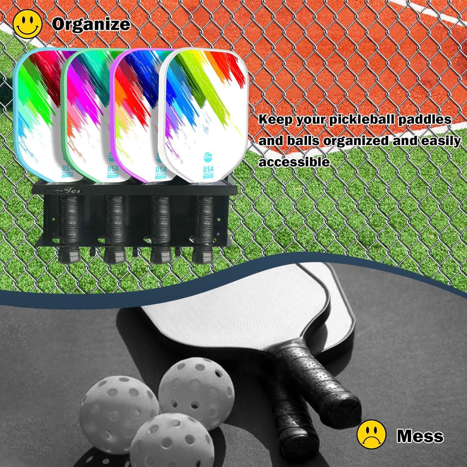2PCS Pickleball Paddle Rack Holds 4 or 8 Paddles with Hooks Pickleball Storage Rack for Fence and Wall Pickleball Paddle Holder Outdoor No Installation Black