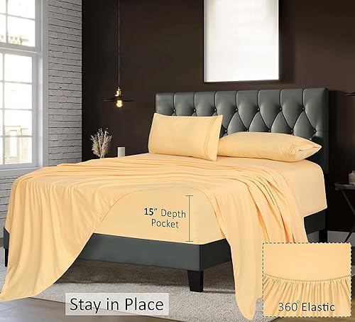 Miniatura 5 de RUVANTI Juego de sábanas de tamaño California King color dorado crema, sábanas de microfibra cómodas y súper suaves, bolsillo profundo de 15