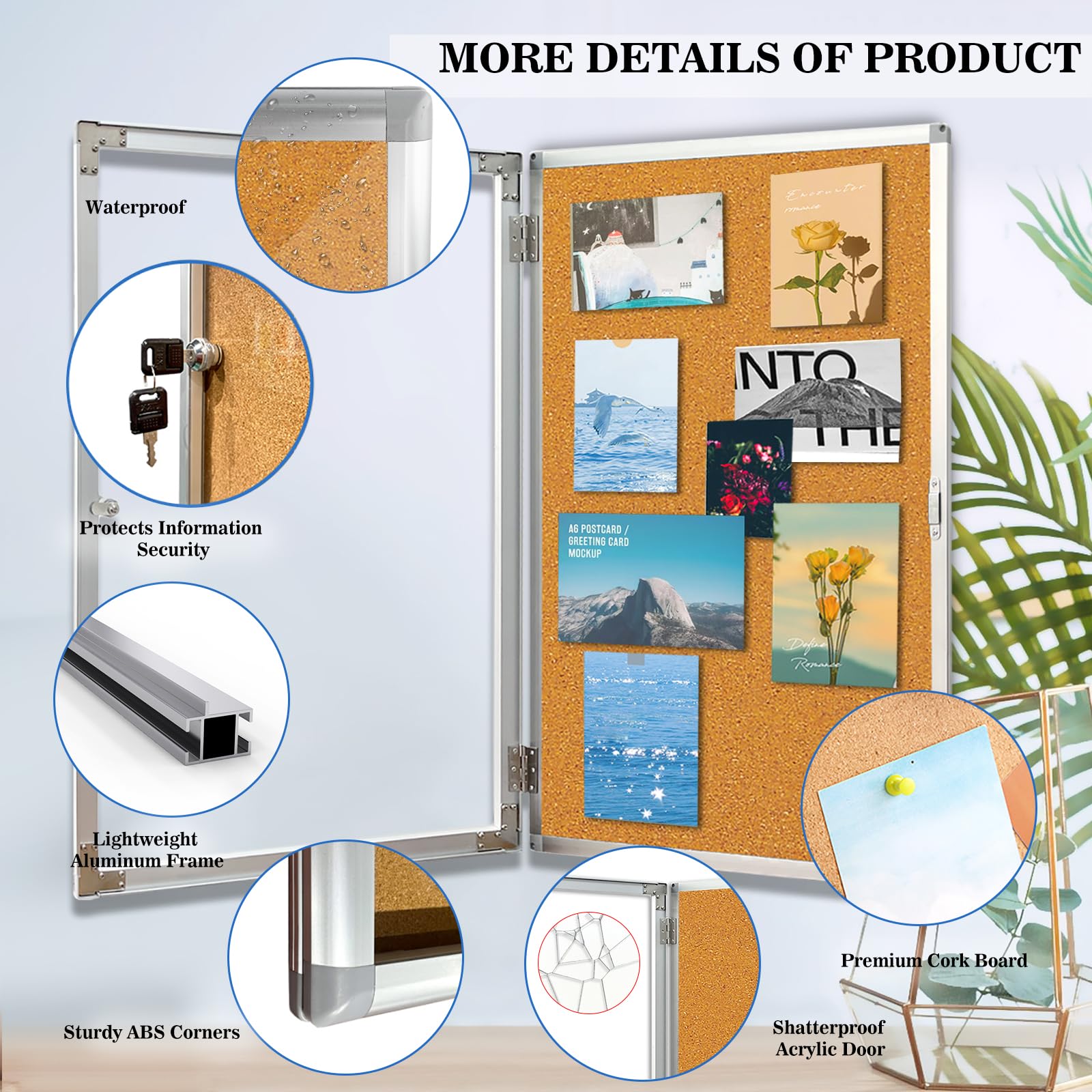 Lockable Outdoor Enclosed Bulletin Board, Weatherproof Cork Noticeboard With Locking Door, Wall-Mounted Aluminum Framed Display Case For Messages,36x24in (5xA4