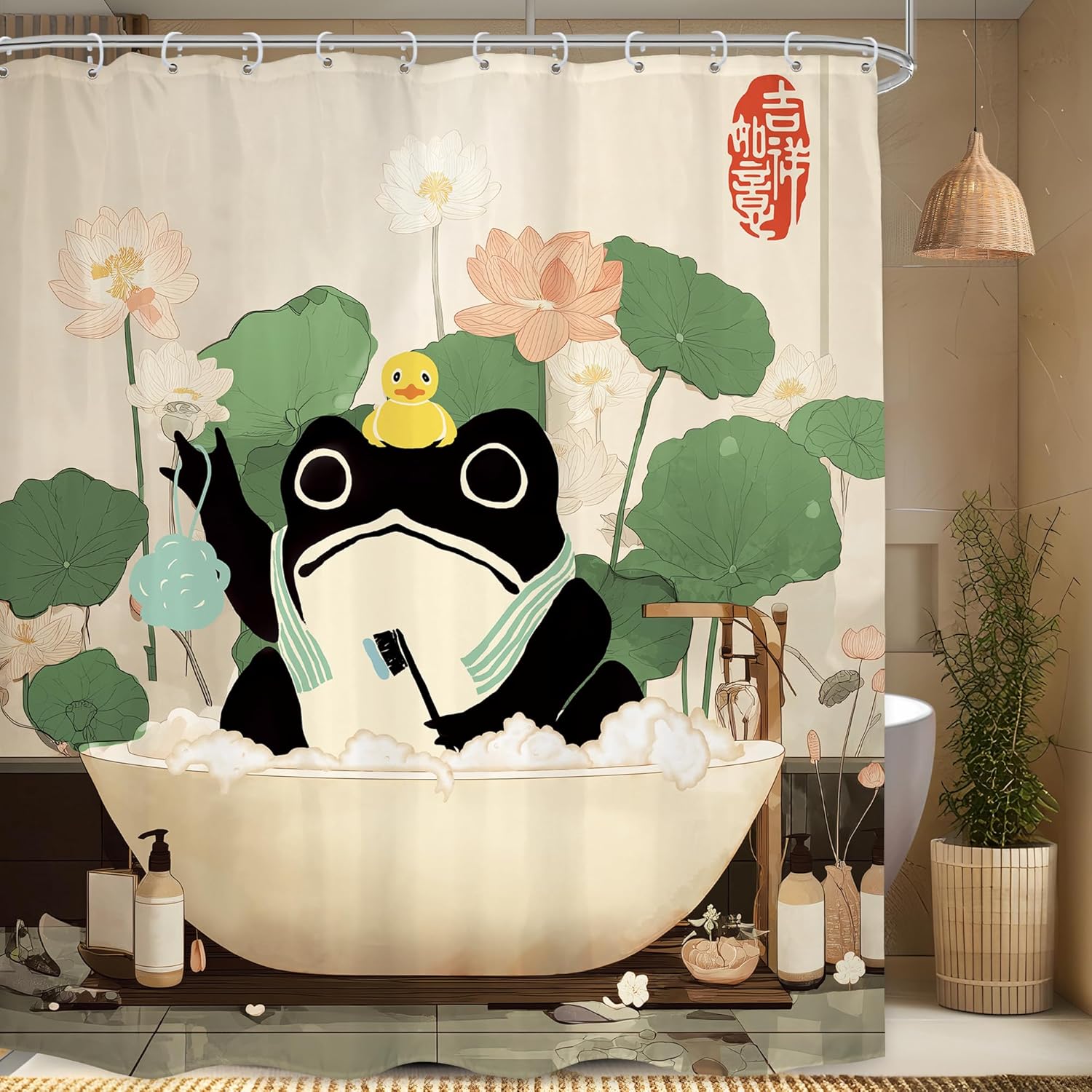 LGhtyro Extra Long Funny Frog Shower Curtain Bathroom Set 71Wx84H Inches Rustic Asian Style Animal Duck Lotus Leaf Floral Botanic Plant Bath Accessories Cute Retro Art Home Decor Fabric 12 Pack Hooks