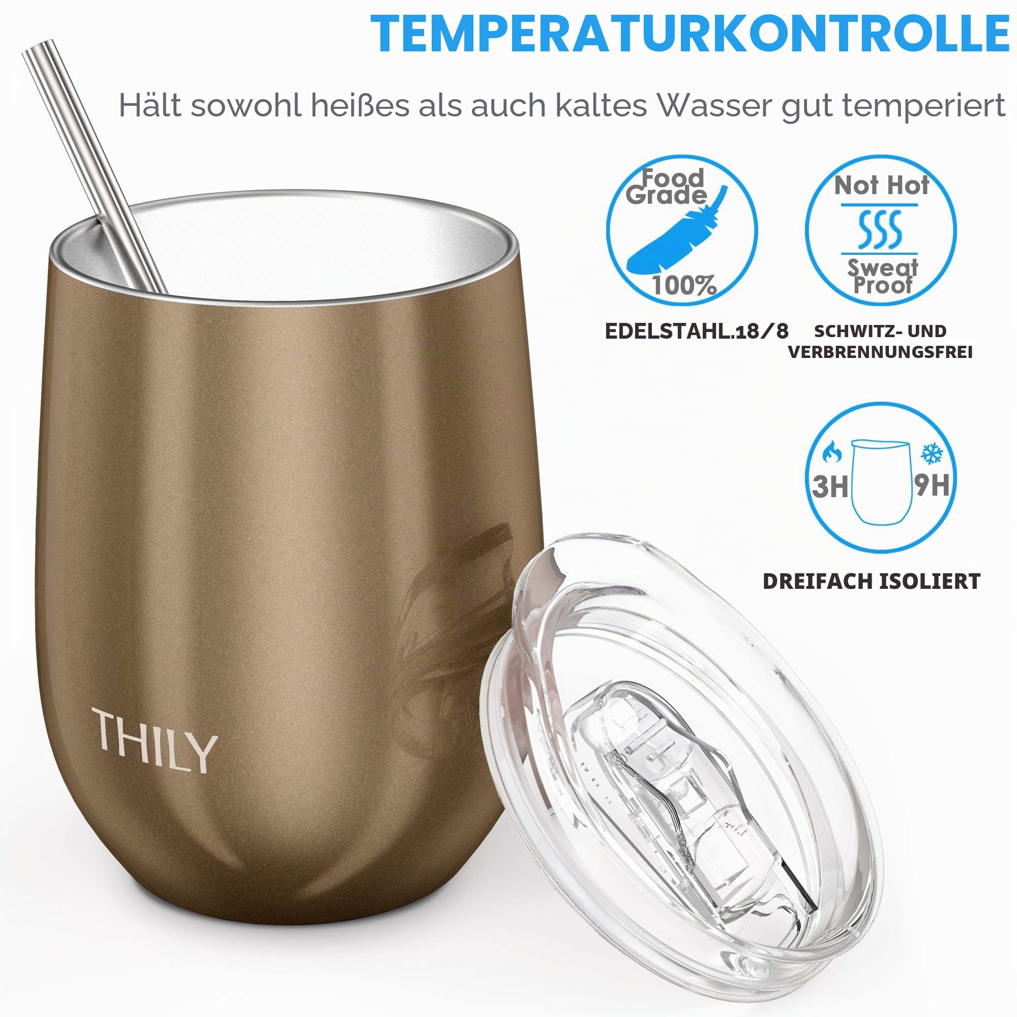 THILY Thermo-Weingläser, Edelstahl, 4 Stück, ohne Stiel, mit Deckel und Strohhalm, wiederverwendbar, BPA-frei, niedlicher Reisebecher für Kaffee, Cocktails, Urlaub und Geschenk, Champagner