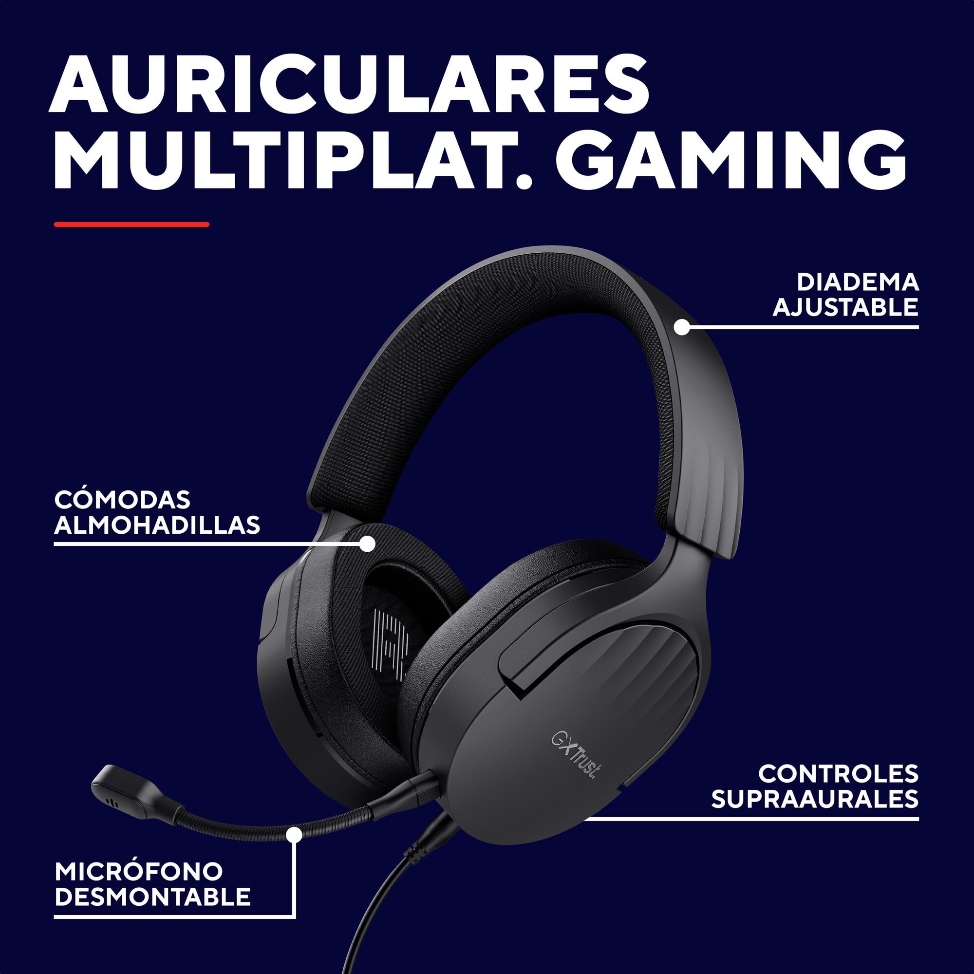 Trust Gaming GXT 489 Fayzo Cascos Gaming para PC, PS5, PS4, Xbox Series X|S, Switch, Mobile, 3.5 mm, 85% Plástico Reciclado, Auriculares Over-Ear Micrófono con Cancelación de Ruido - Negro