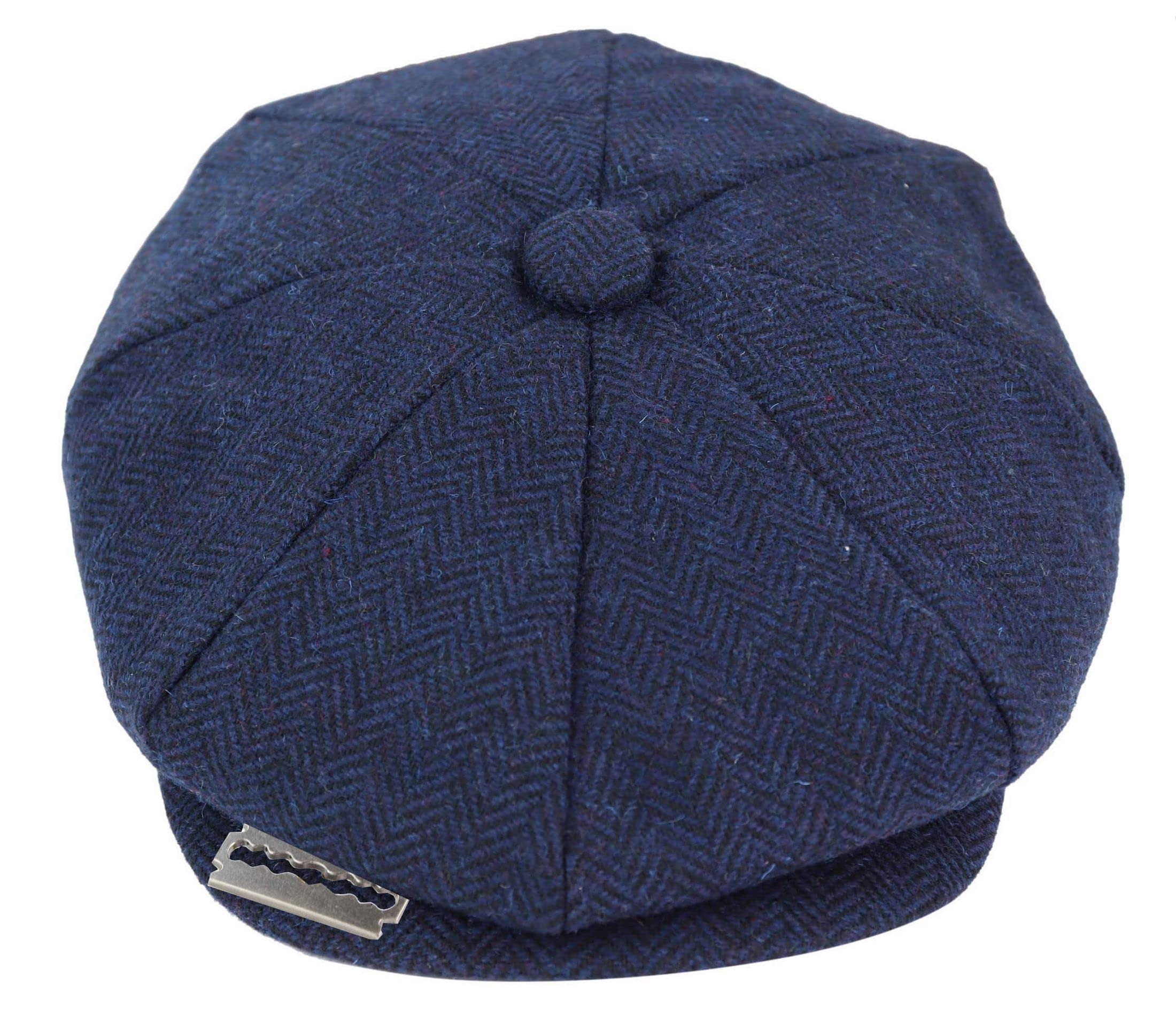 Infinity Leather Mens Blinders Tweed Gatsby Flat Baker Hat with Razor Blade L Blue