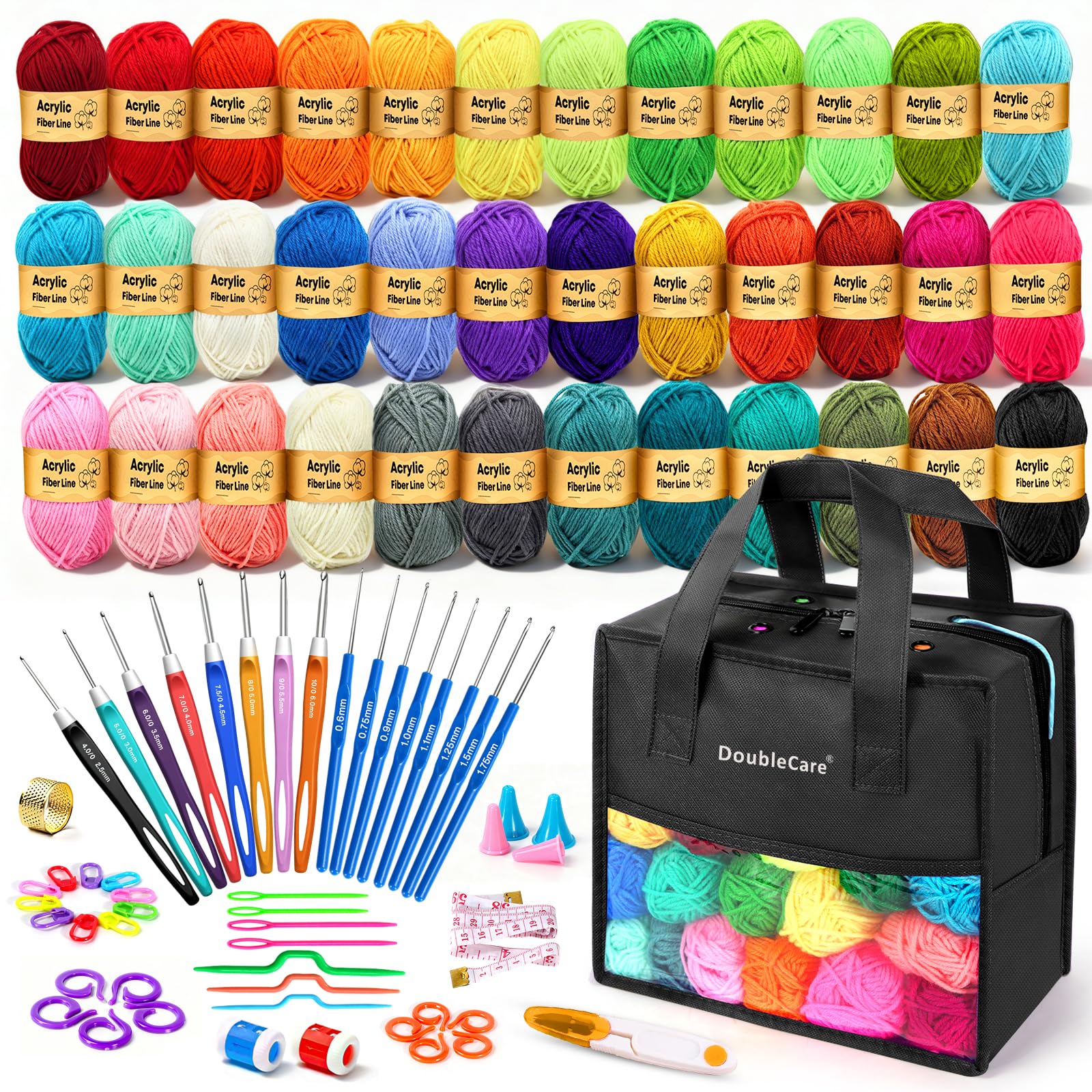 90 Stück Häkelset für Anfänger, 1575 Yards Garn in 36 Farben, 54-Teiliges Häkelzubehör-Set Inklusive Ergonomischer Häkelnadeln für DIY-Amigurumi, Schals,Geschenkidee zu Weihnachten(Schwarz)