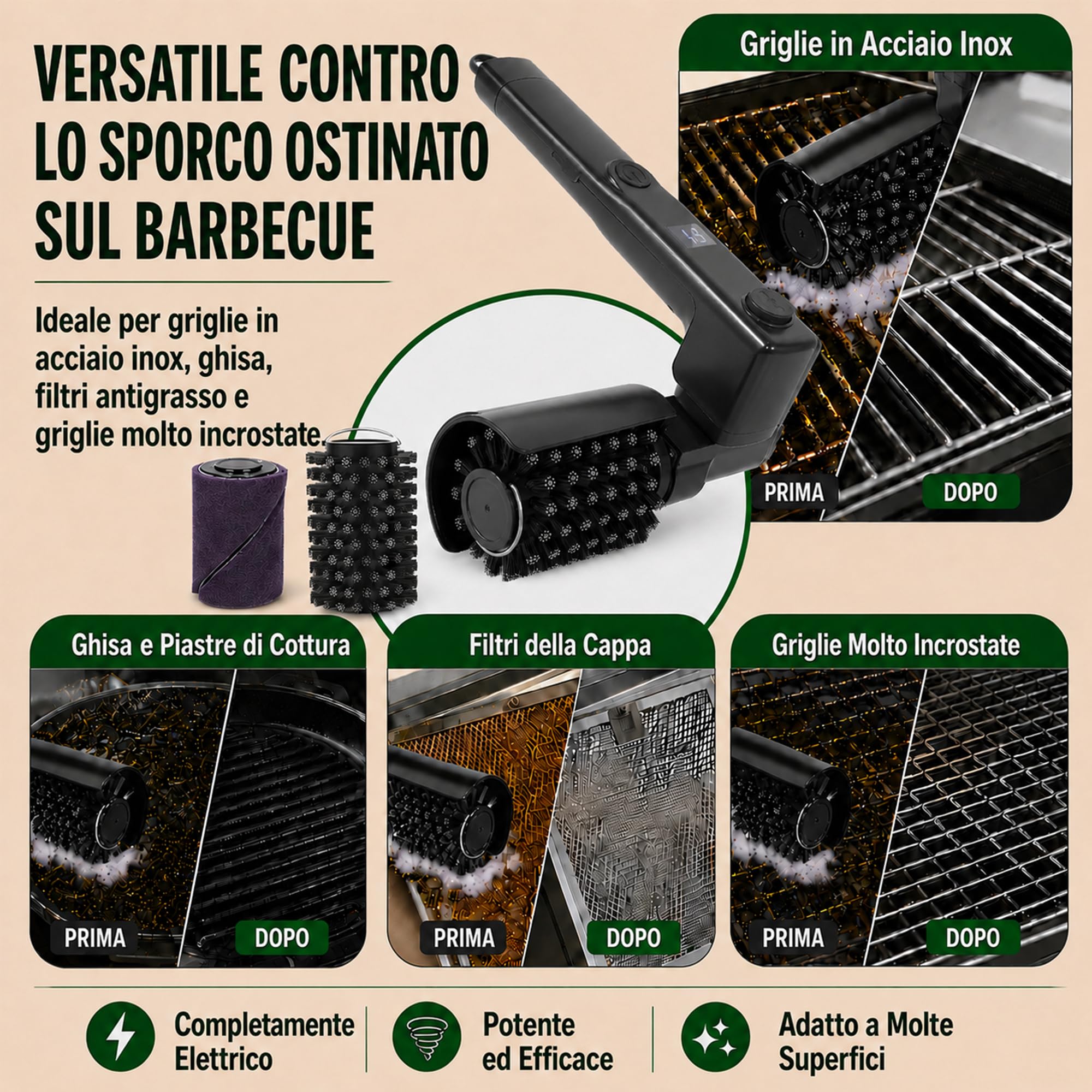 Spazzola Elettrica per Barbecue Senza Fili 270° Regolabile 2 Testina | in Acciaio Inox & Lucidante, Ricaricabile USB-C Pulitore Griglia 3 Velocità , 120 minuti, per Campeggio & BBQ Griglia