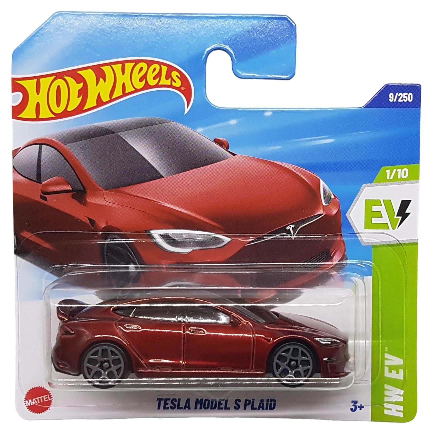 Hot Wheels Tesla Model S Plaid HW EV 1/10 (9/250) HYW86 Red 2025 + Protector Short Card Frikimonkey, 12 cm