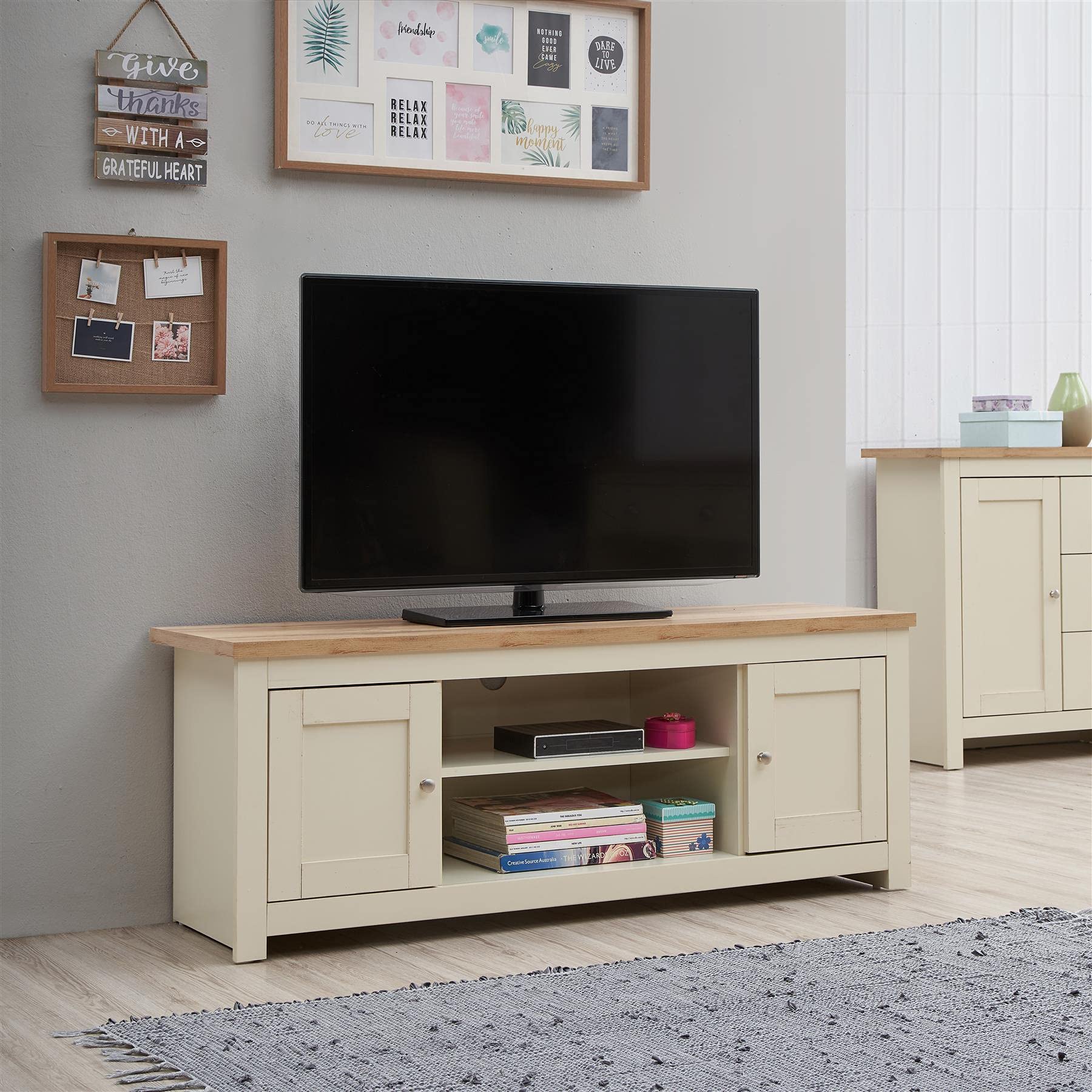 Timber Art Design UK Lisbon TV Unit Cabinet Stand Large with Steel Handles 2 Door 2 Shelf Wood Tv Cabinets for Living Room, Cream Oak - H 50cm x W 132cm X D 40cm