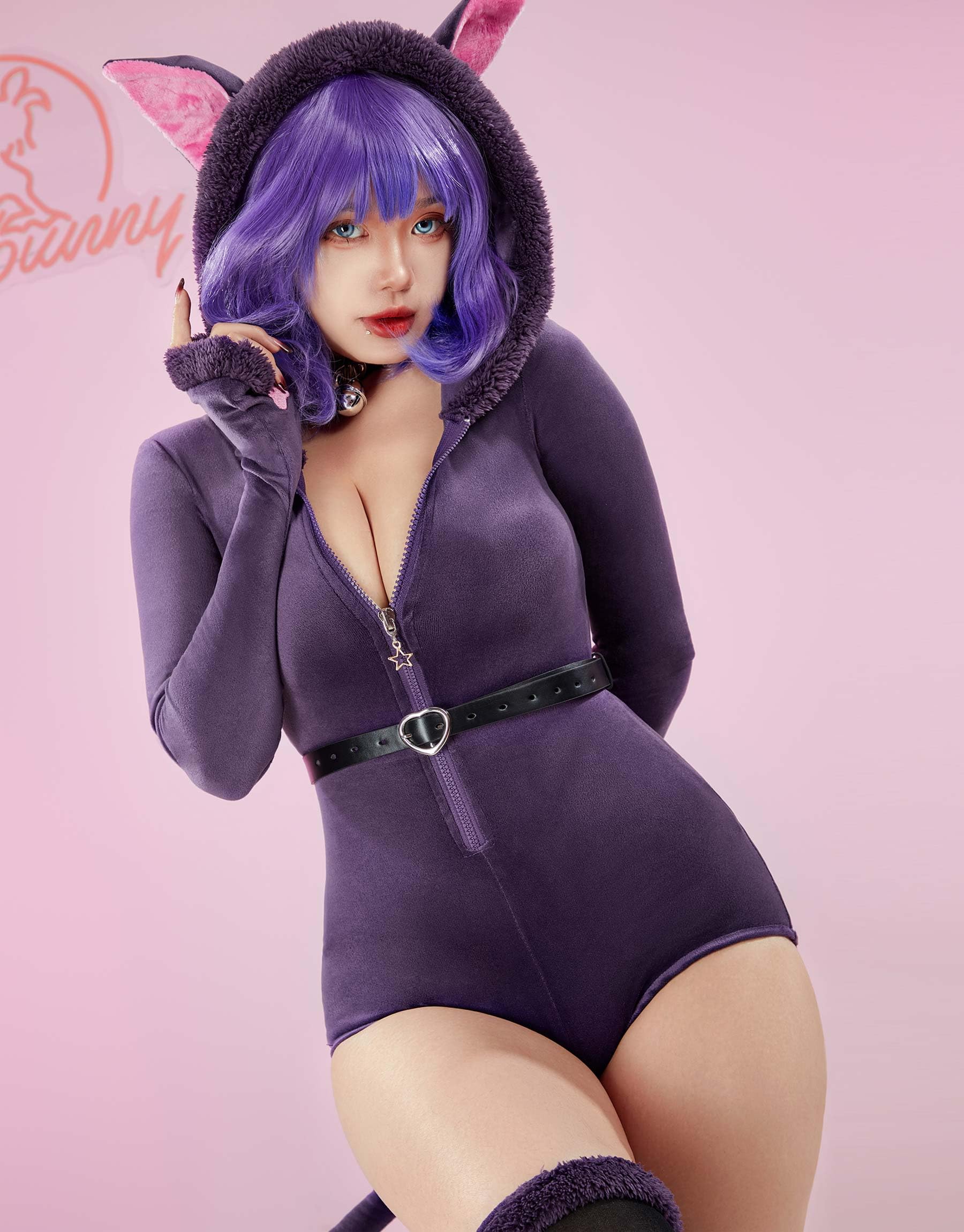 Mobbunny Women's Cute Fluffy Romper Purple Fuzzy Onesie Pajamas Furry Hooded Bodysuit Homewear Jumpsuit: Small Purple