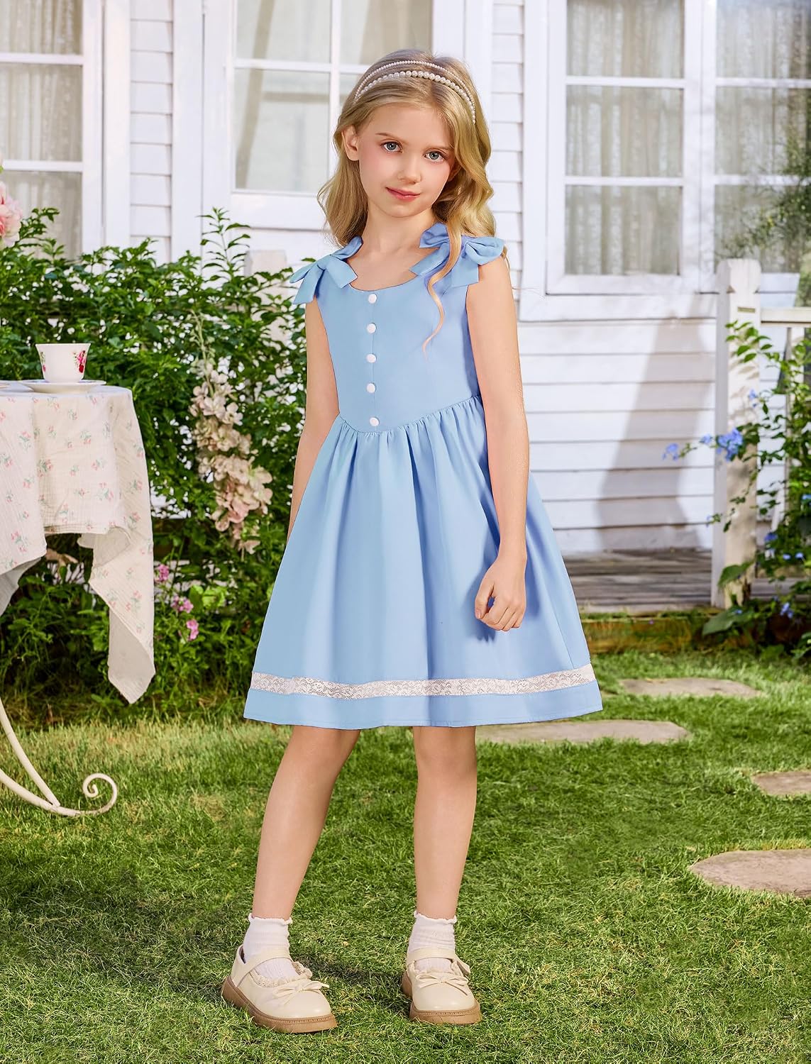OBEEII 1950s Vintage Dresses for Girls Sleeveless Bowknot Cocktail Retro Ruffle Dress 50s Pin Up Rockabilly Tea Party Dresses