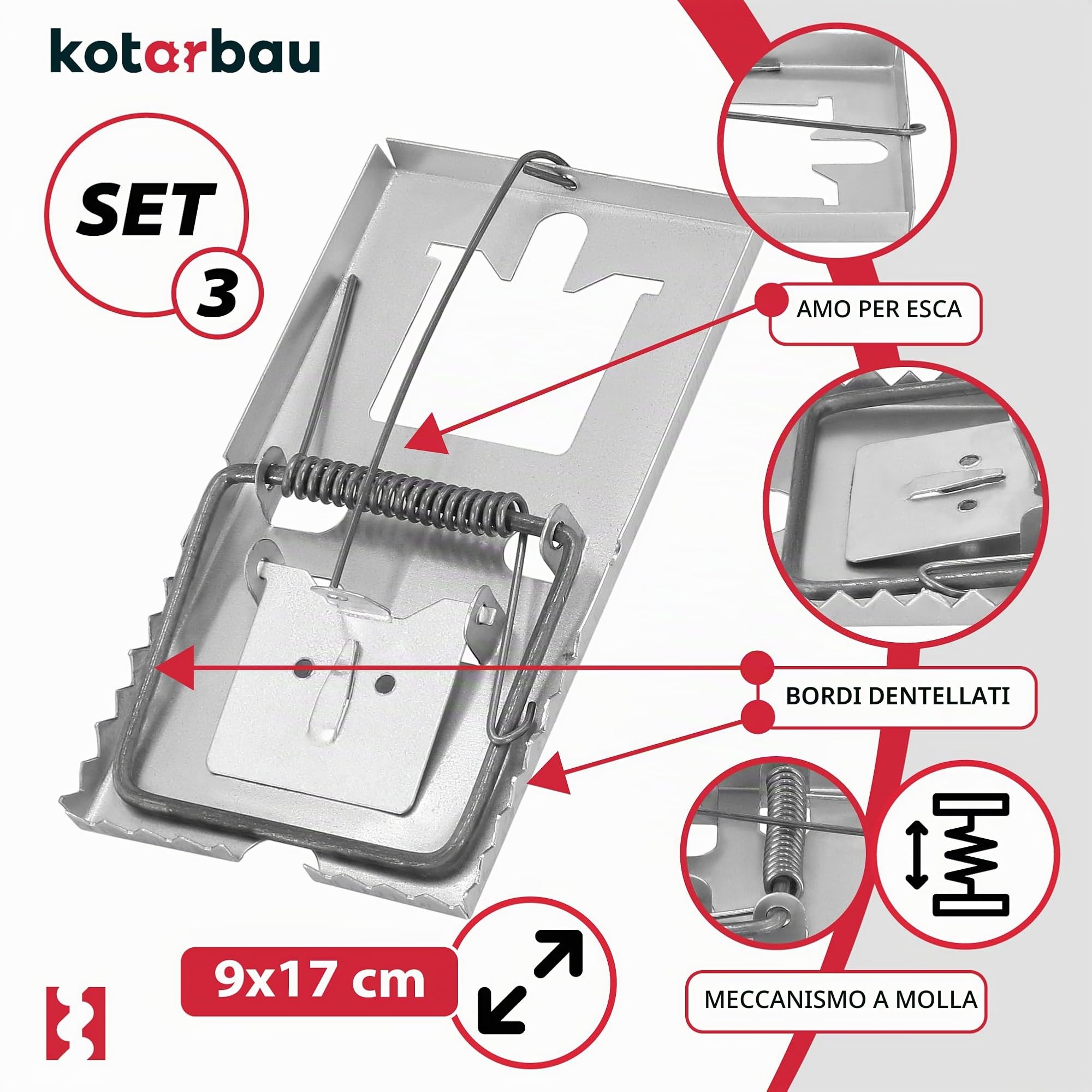KOTARBAU® Set di 3 trappole per ratti con elevata forza d'impatto per roditori grandi, 170 x 90 mm