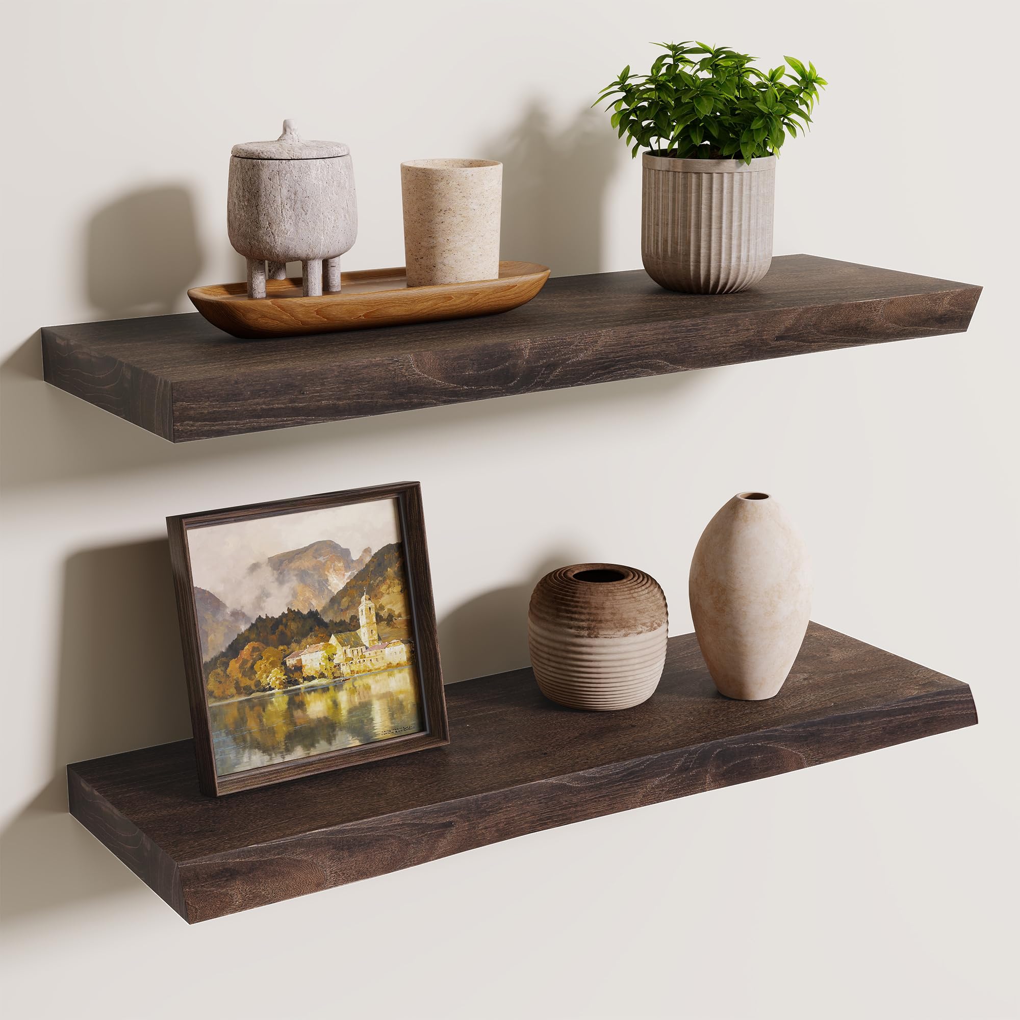 60cm Floating Shelves for Wall - 20cm Depth Live Edge Rustic Solid Elm Wood Floating Shelves Wall Mounted, Wall Shelves with Invisible Bracket for Living Room Bedroom Kitchen, 60x20x3.5(Walnut, 2PCs) โ image 1