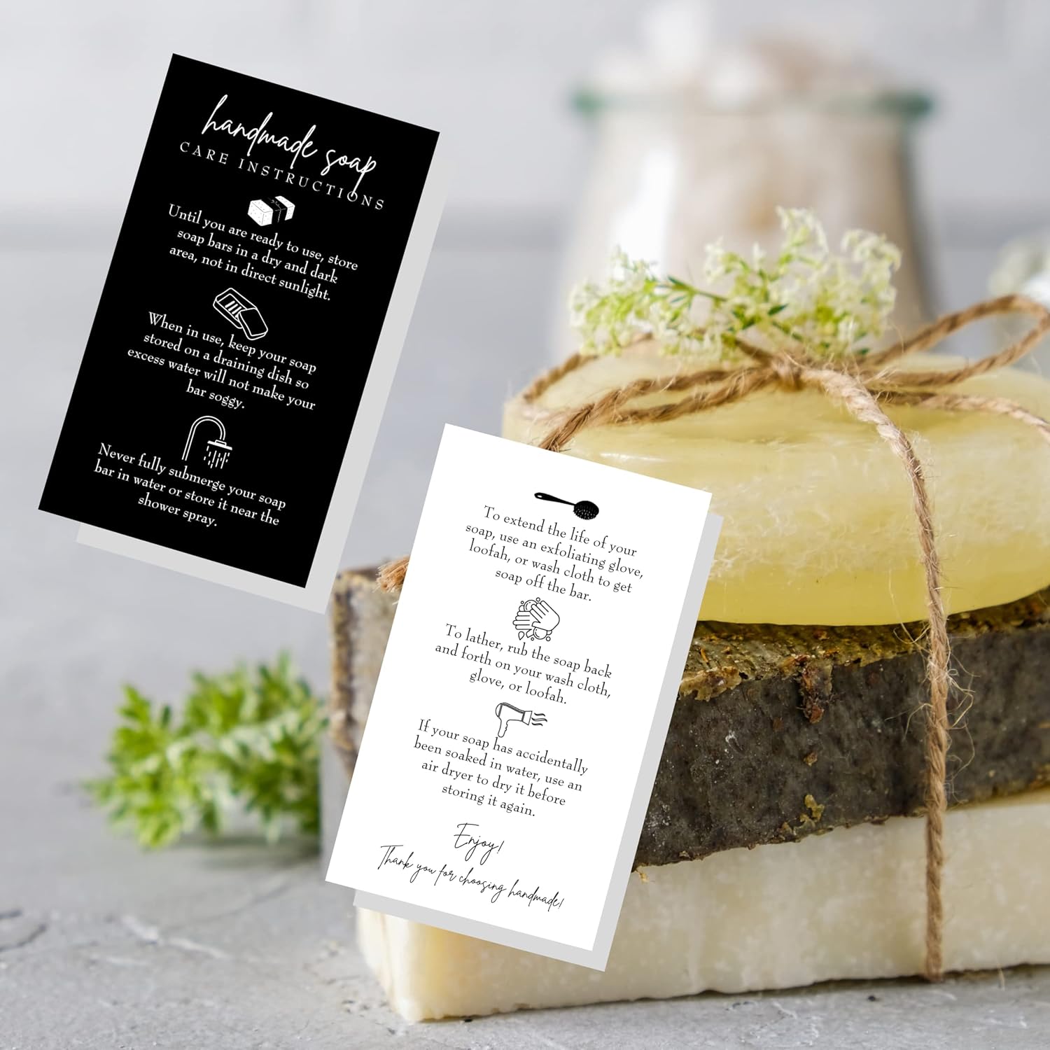 Handmade Soap Bar Card Instructions for Soap Maker Clients | 50 Pack | 2x3.5” inches Business Card | Handmade Soap Supplies | Black and White Design - Image 6
