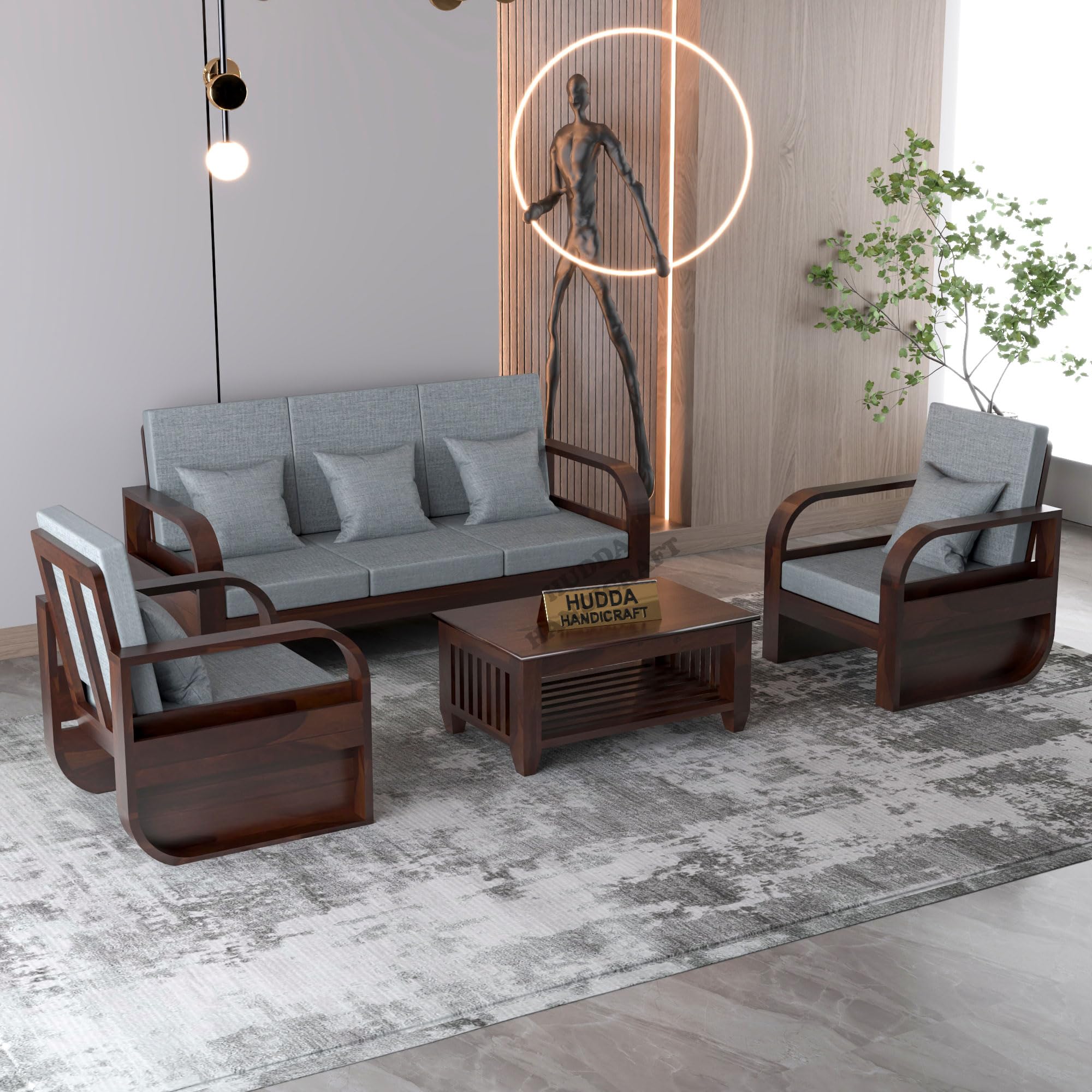 HUDDA Handicraft Solid Sheesham Wood 5 Seater Sofa Set with Comfortable Cushion Seating | (3+1+1) Five Seater Sofa - Wooden Sofa for Living Room 5 Seater Sofa for Home Office (Walnut Finish, Michael)