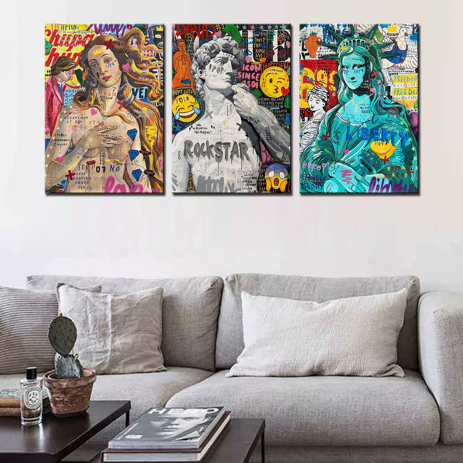 Tucocoo Contemporary Wall Art Creative Classic Pop Art Pictures Banksy Graffiti Paintings 3 Panel Canvas Modern Artwork Colorful Home Decor for Living Room Wooden Framed Ready to Hang 60''Wx28''H — image 1
