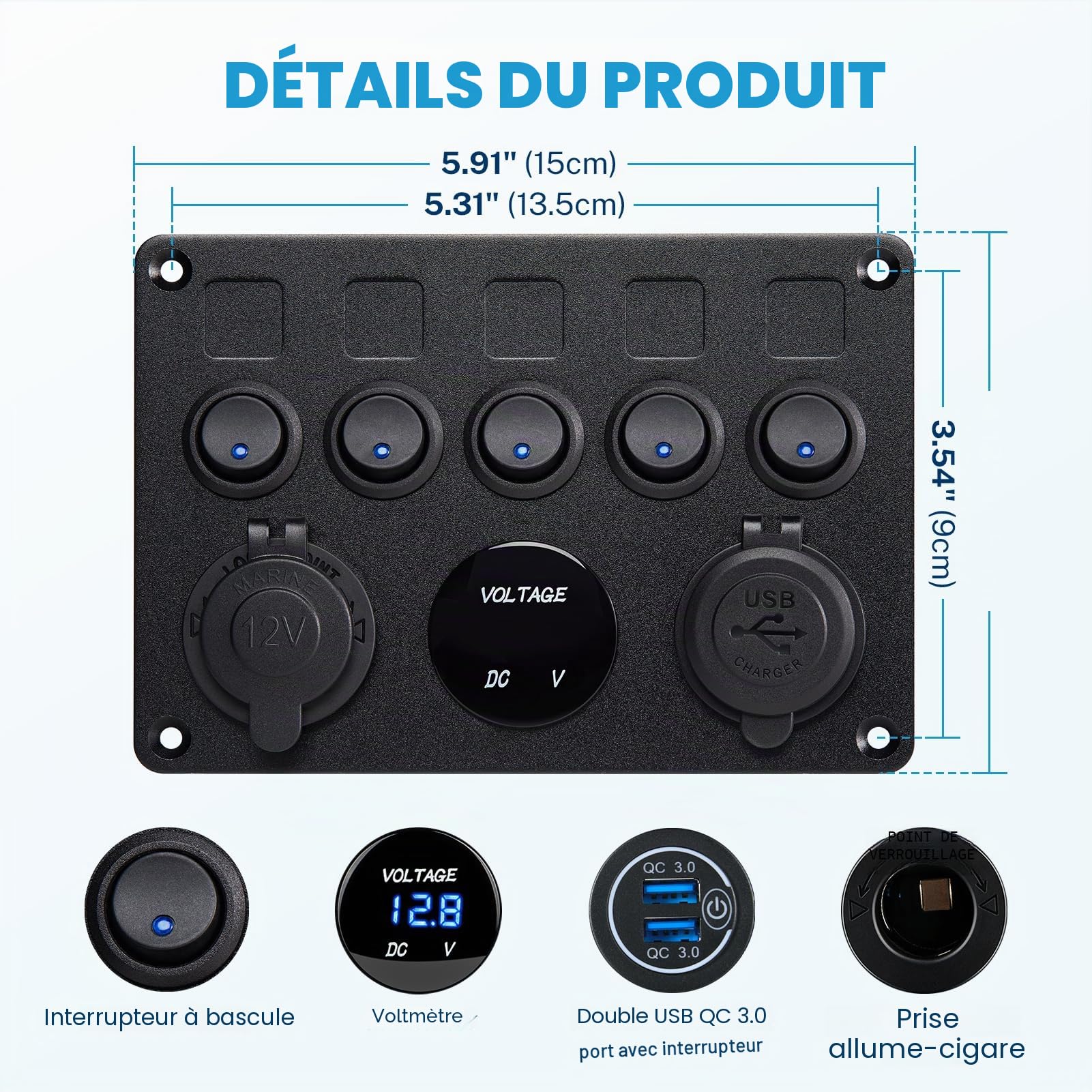 Kohree UPGRADED Panneau d'interrupteur 12 V/24 V + interrupteur USB, étanche IP65, double chargeur USB, voltmètre LED, allume-cigare, 5 interrupteurs à bascule marche/arrêt, panneau pour voiture,