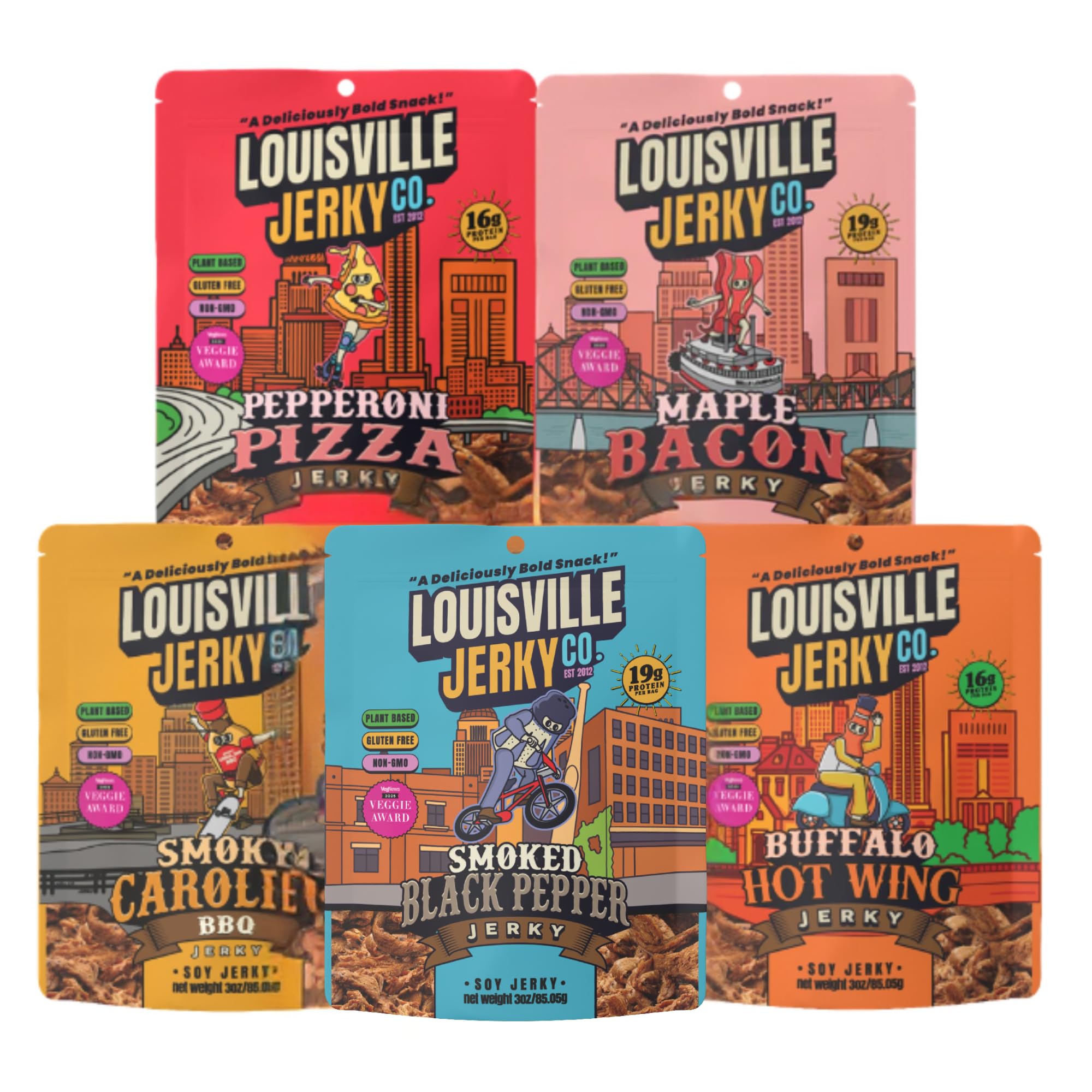Louisville Jerky Co. Vegan Jerky Variety Pack, Plant Based Protein Snack (3 Ounce, 5-Pack) – Smoky Carolina BBQ, Buffalo Hot Wing, Maple Bacon, Pepperoni Pizza, Smoked Black Pepper