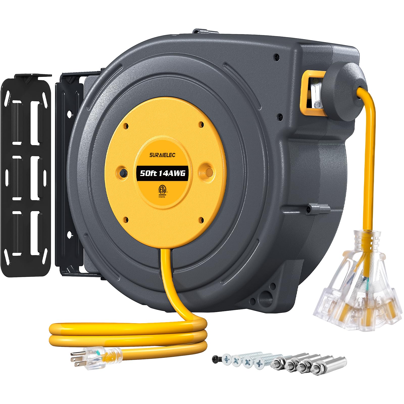 suraielec 50 ft extension cord reel, 14 gauge retractable extension cord, sjtow 14 awg/3c heavy duty power cord, 13 amp circuit breaker, lighted triple tap, ceiling or wall mount, ul listed